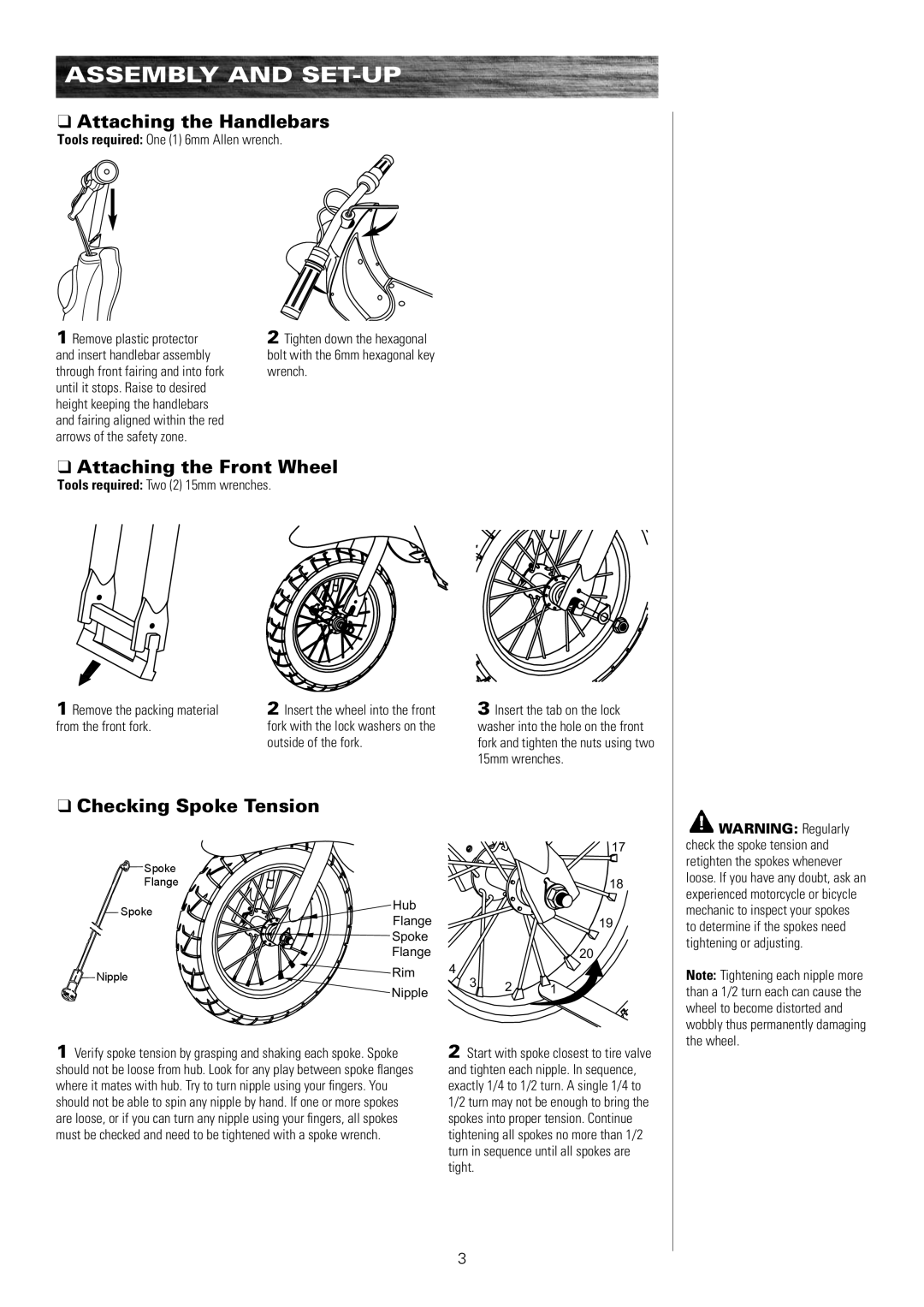 Razor 15130630, 15130650 Assembly and Set-Up, Attaching the Handlebars, Attaching the Front Wheel, Checking Spoke Tension 