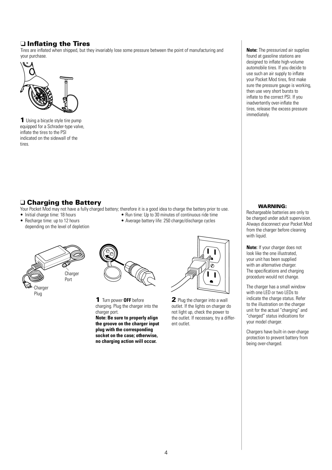 Razor 15130601 15130612, 15130650, 15130610 Inflating the Tires, Charging the Battery, Initial charge time 18 hours 