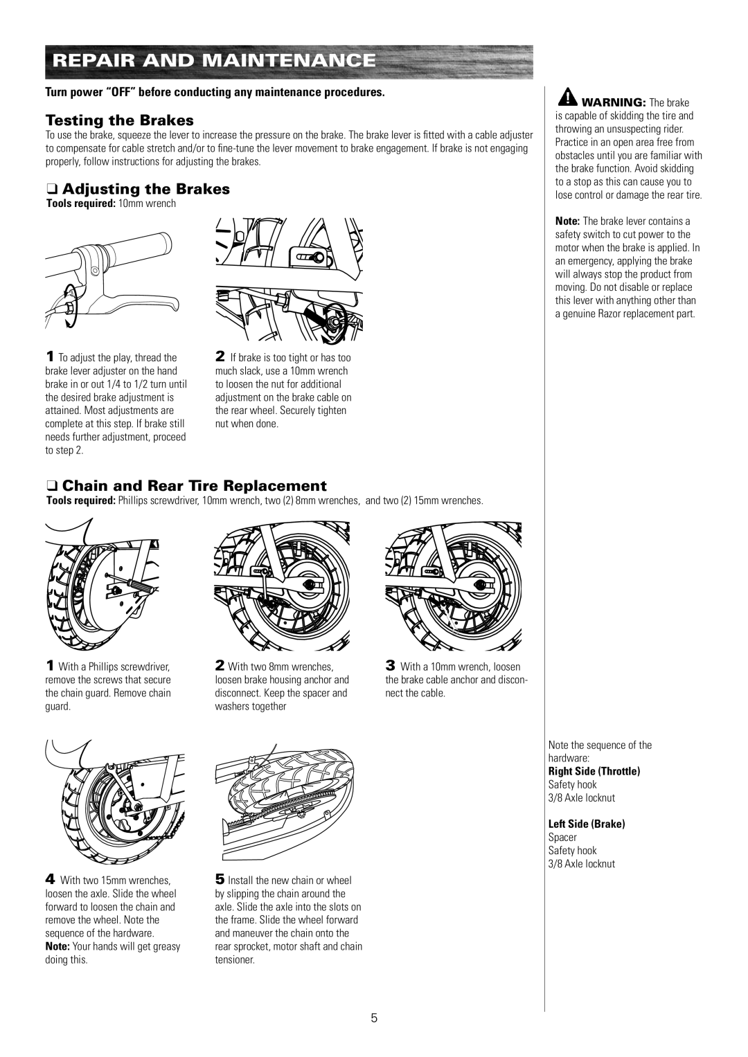 Razor 15130667, 15130650 Repair and Maintenance, Testing the Brakes, Adjusting the Brakes, Chain and Rear Tire Replacement 