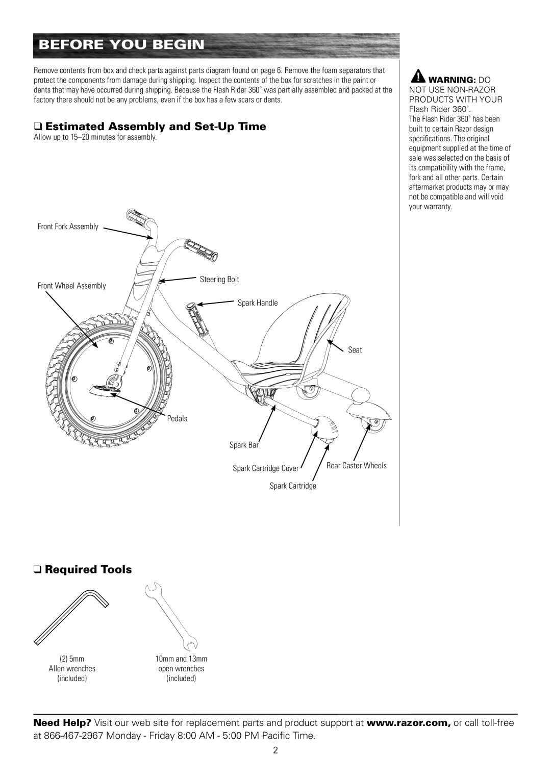 Razor 20036560 owner manual BEfORE yOU Begin, Estimated Assembly and Set-Up Time, Required Tools 