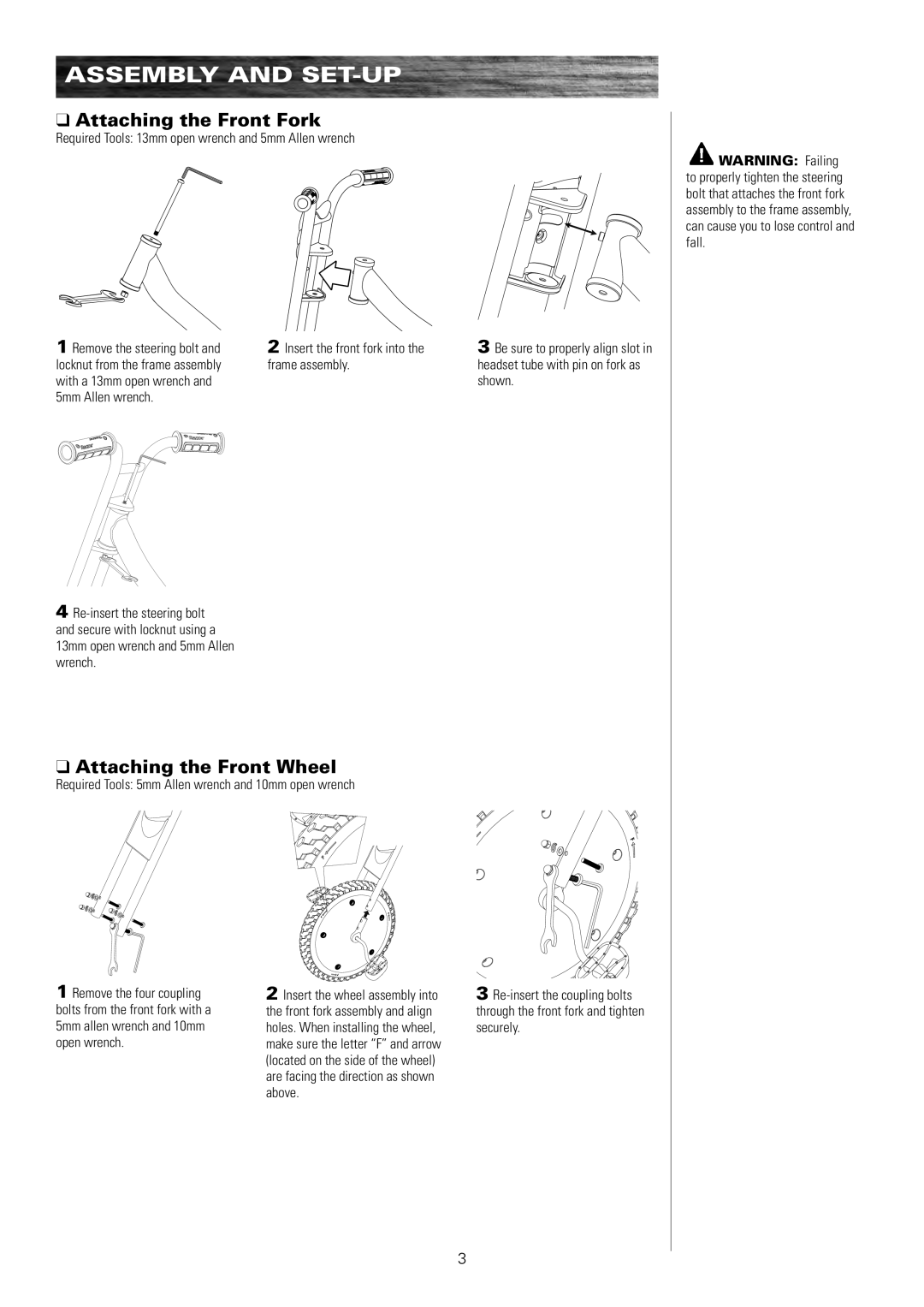 Razor 20036560 owner manual ASSEMBLy and SET-UP, Attaching the front fork, Attaching the front Wheel 