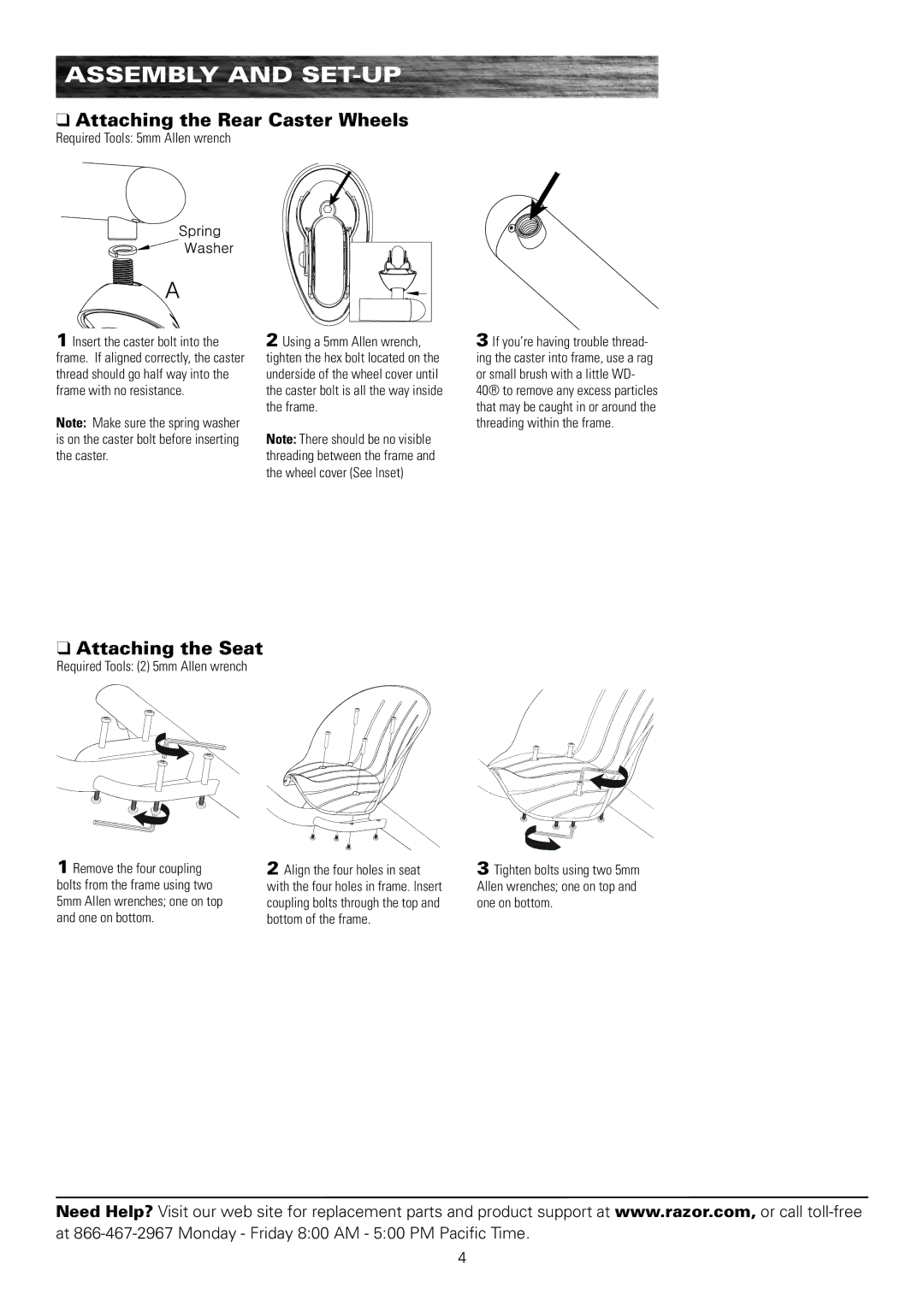 Razor 20036560 owner manual Attaching the Rear Caster Wheels, Attaching the Seat, Required Tools 5mm Allen wrench 