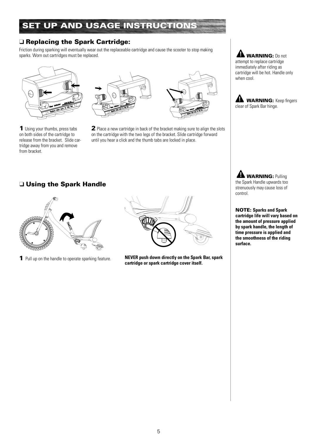 Razor 20036560 owner manual SET UP and Usage Instructions, Replacing the Spark Cartridge, Using the Spark Handle 