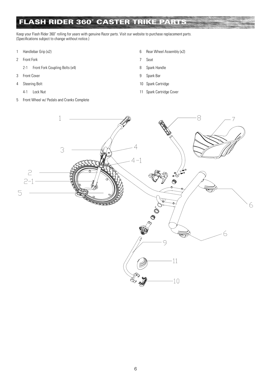 Razor 20036560 owner manual FLASH Rider 360˚ Caster TRIkE Parts, Front Wheel w/ Pedals and Cranks Complete 