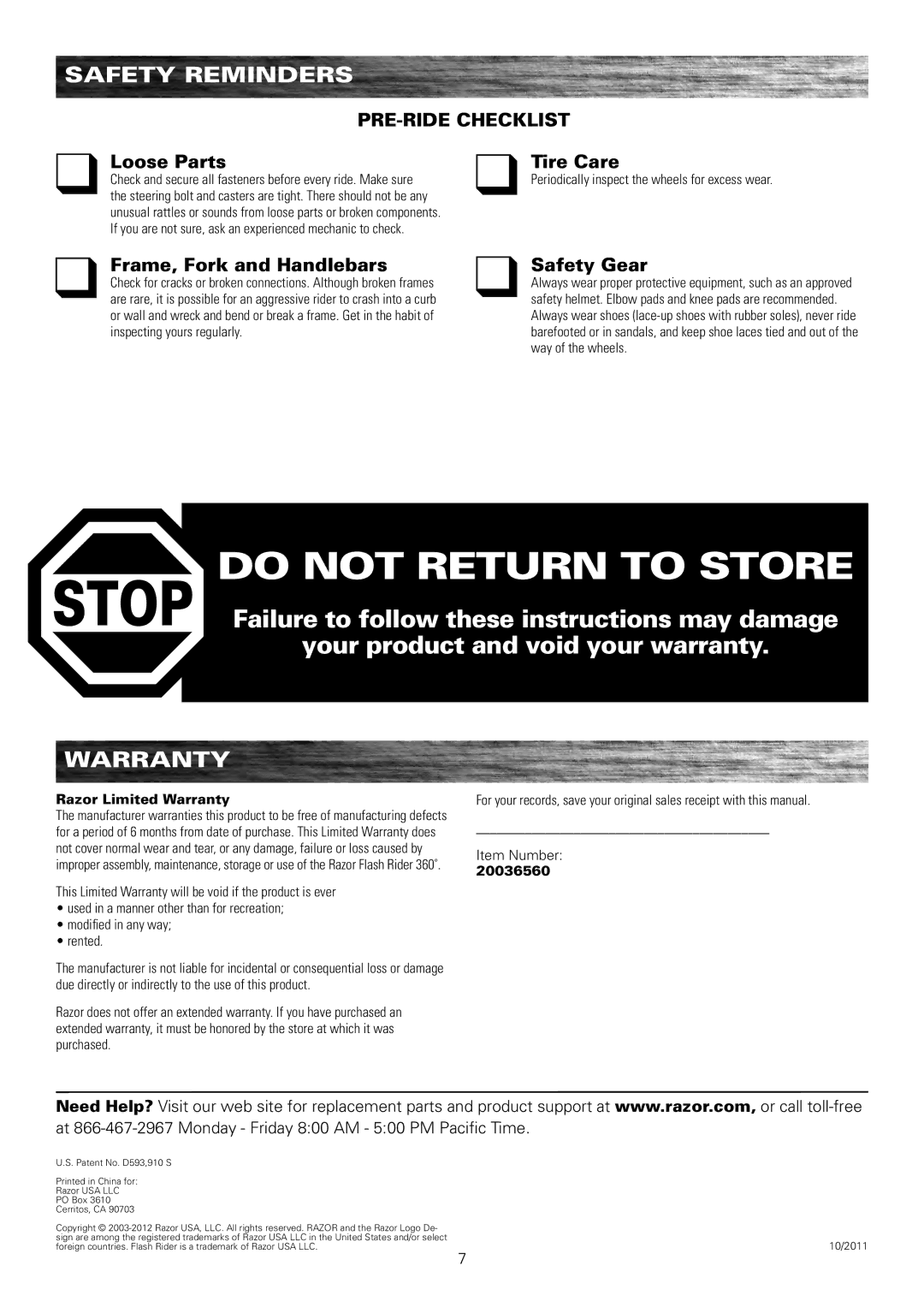 Razor 20036560 owner manual SAfETy Reminders, WARRANTy, PRE-RIDE CHECkLIST Loose Parts Tire Care 