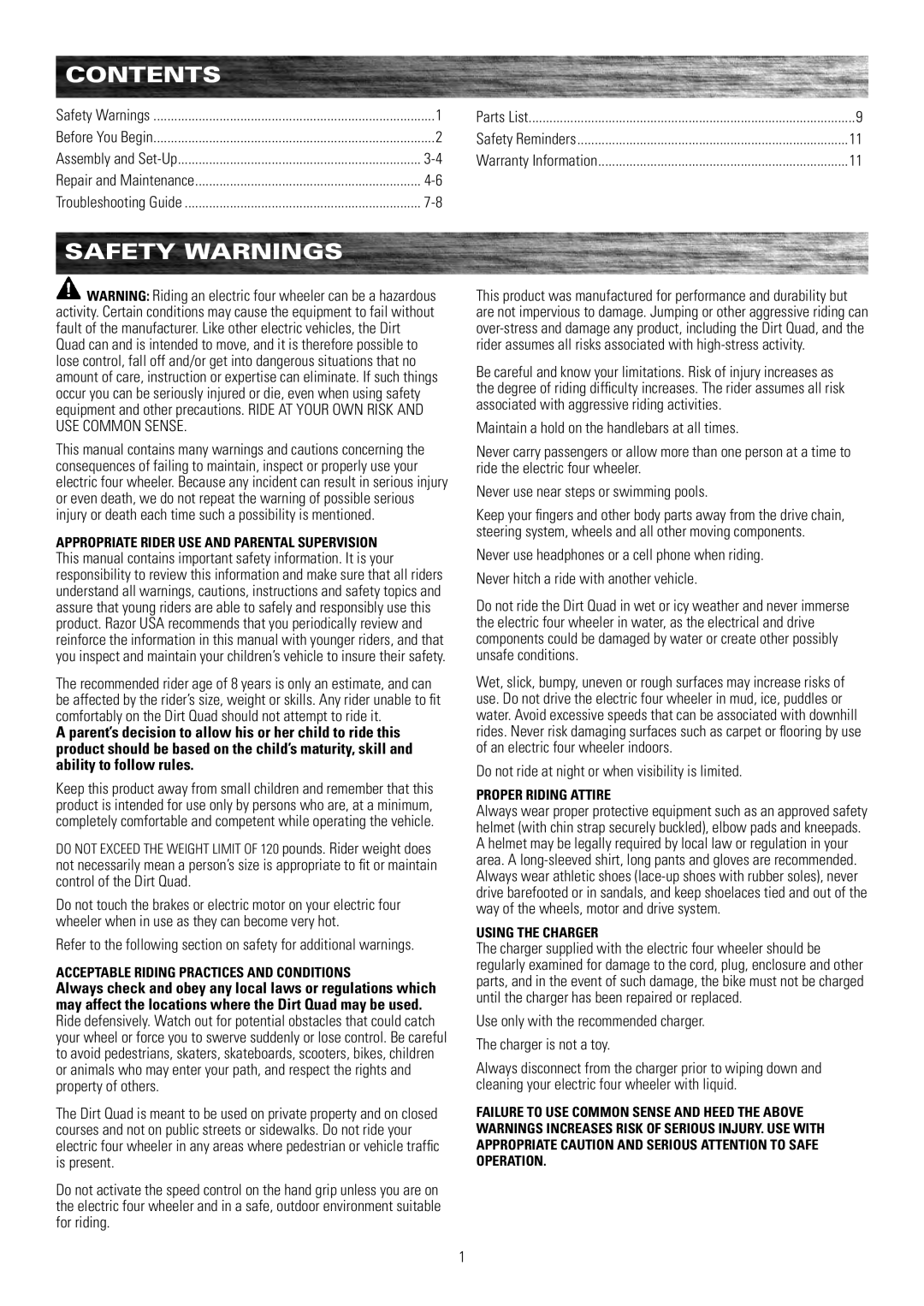 Razor 25117460 owner manual Contents, Safety Warnings 