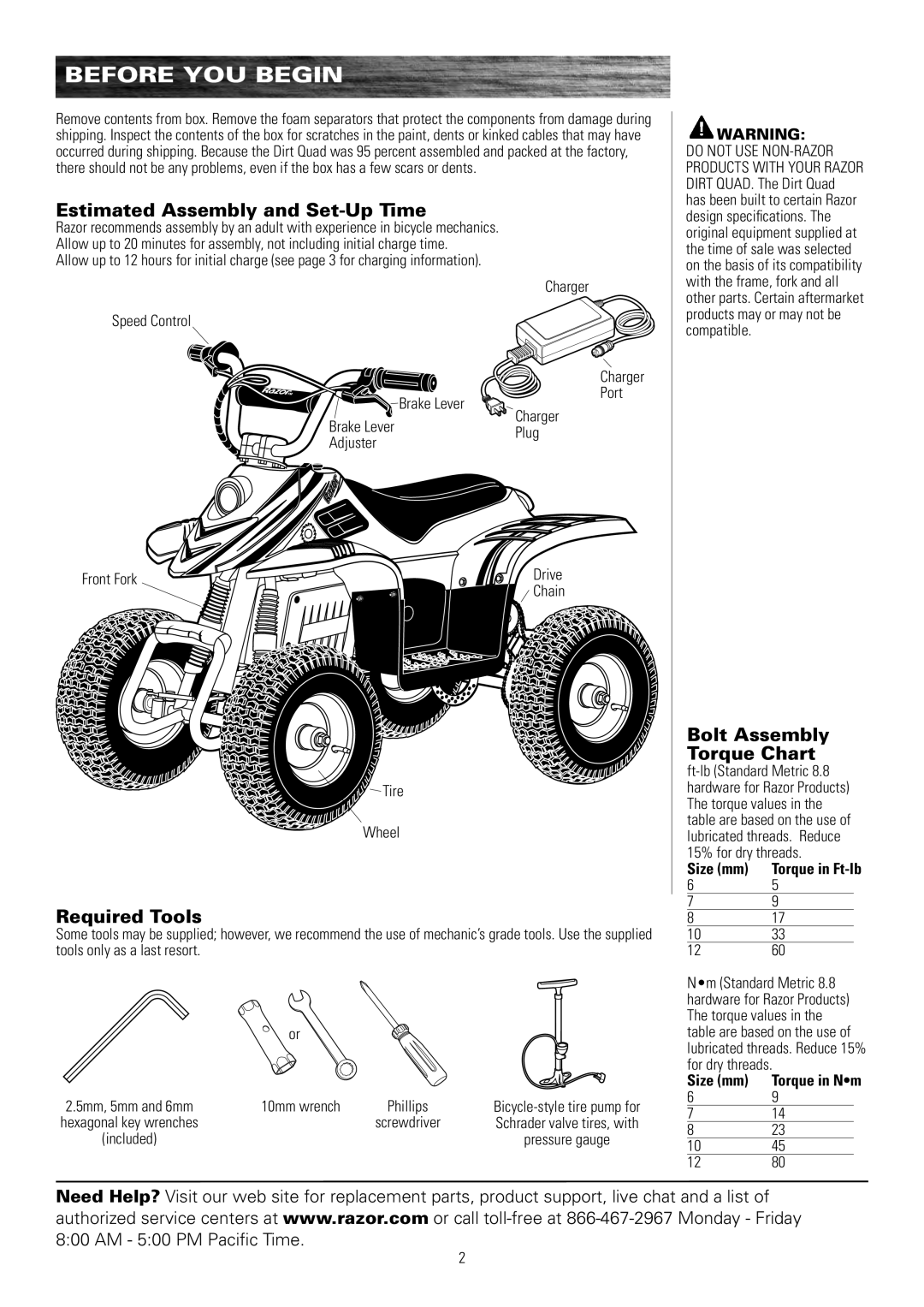 Razor 25117460 Before YOU Begin, Estimated Assembly and Set-Up Time, Required Tools, Bolt Assembly Torque Chart 