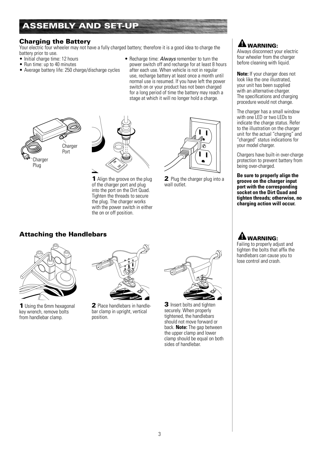 Razor 25117460 owner manual Assembly and SET-UP, Charging the Battery, Attaching the Handlebars, Charger Plug 