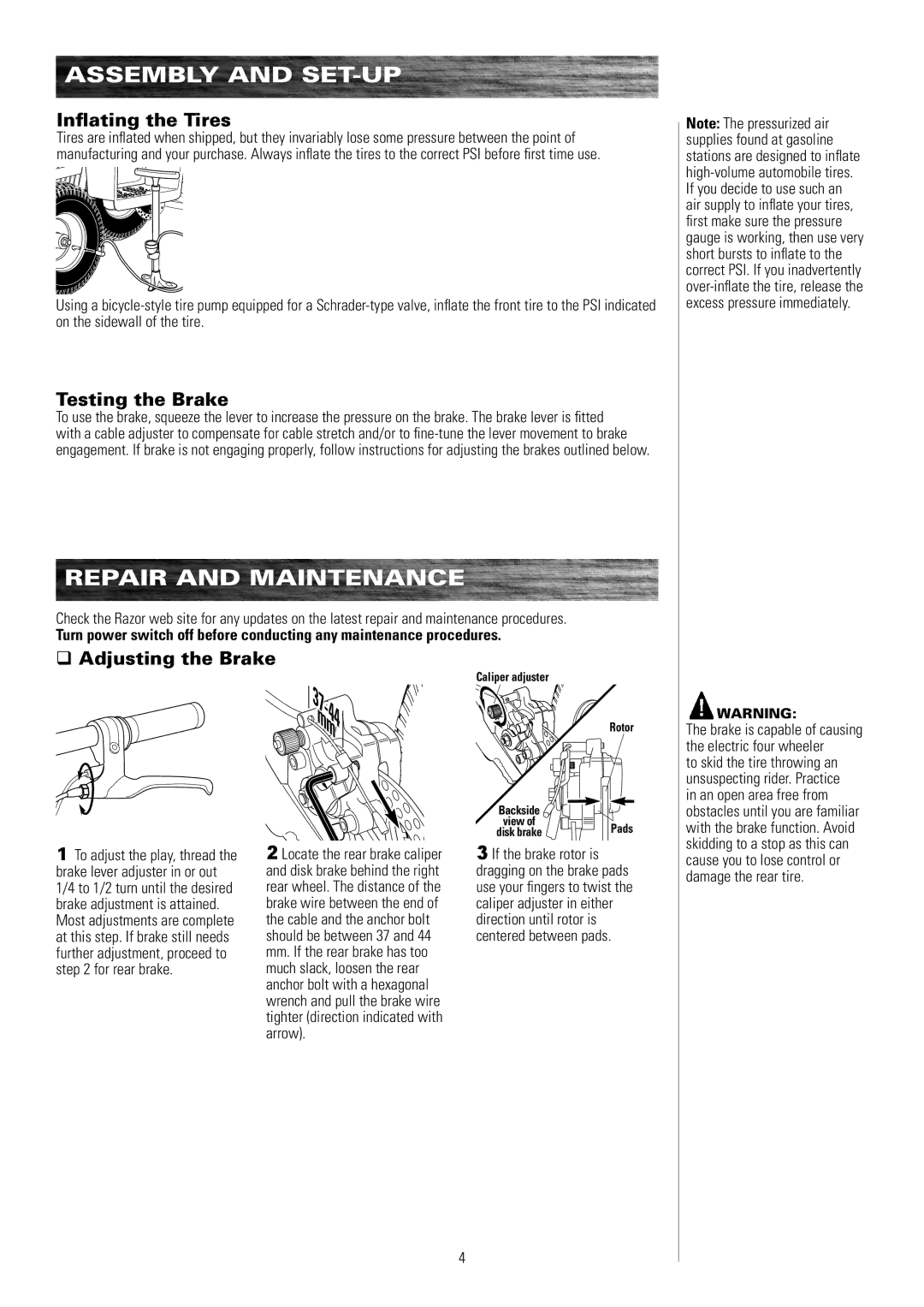 Razor 25117460 owner manual Repair and Maintenance, Inﬂating the Tires, Testing the Brake, Adjusting the Brake 