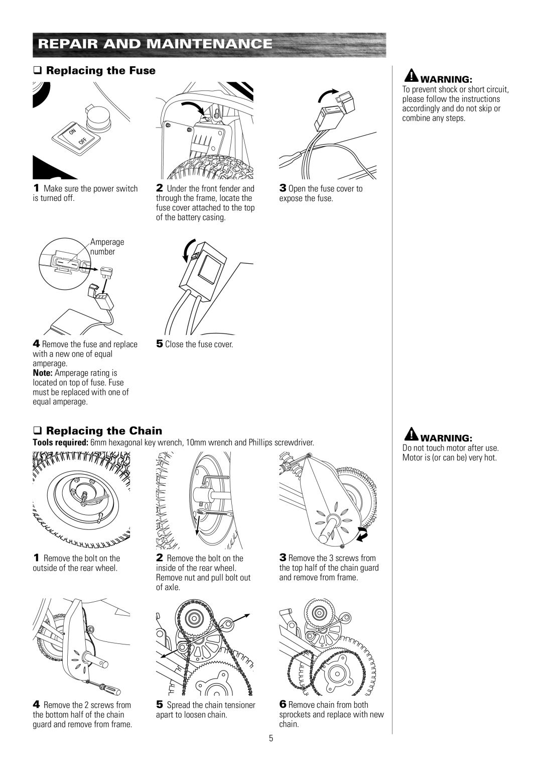 Razor 25117460 owner manual Replacing the Fuse, Replacing the Chain 