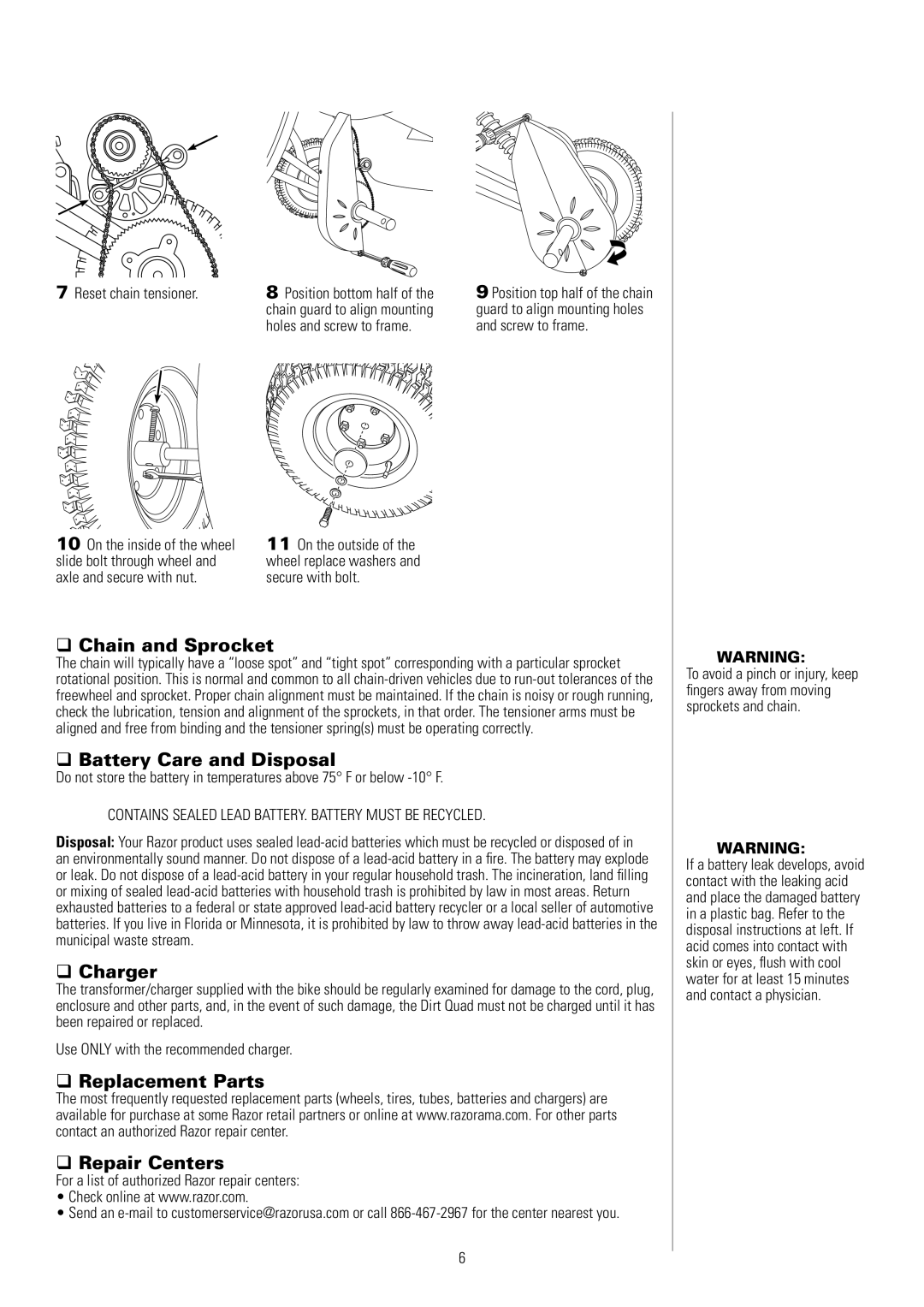 Razor 25117460 owner manual Chain and Sprocket, Battery Care and Disposal, Charger, Replacement Parts Repair Centers 