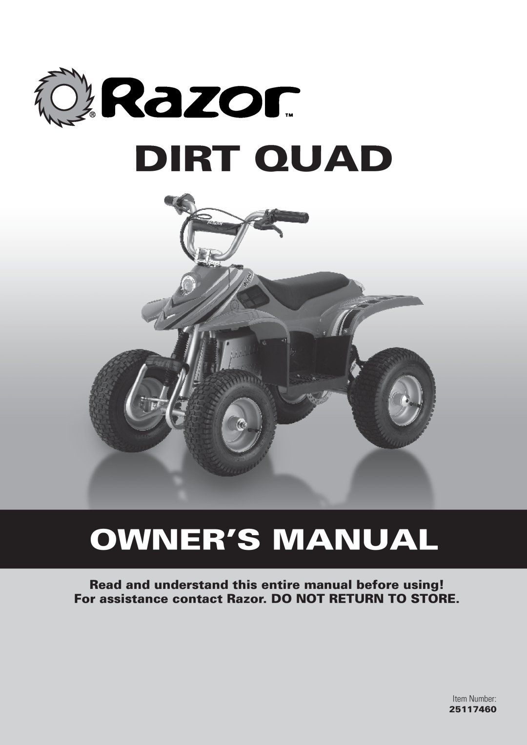 Razor 25117460 owner manual Dirt Quad, Item Number 