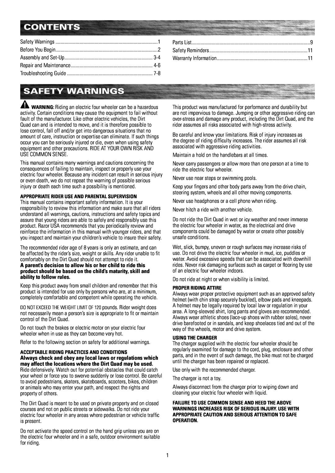 Razor 25117460 owner manual contents, Safety Warnings 