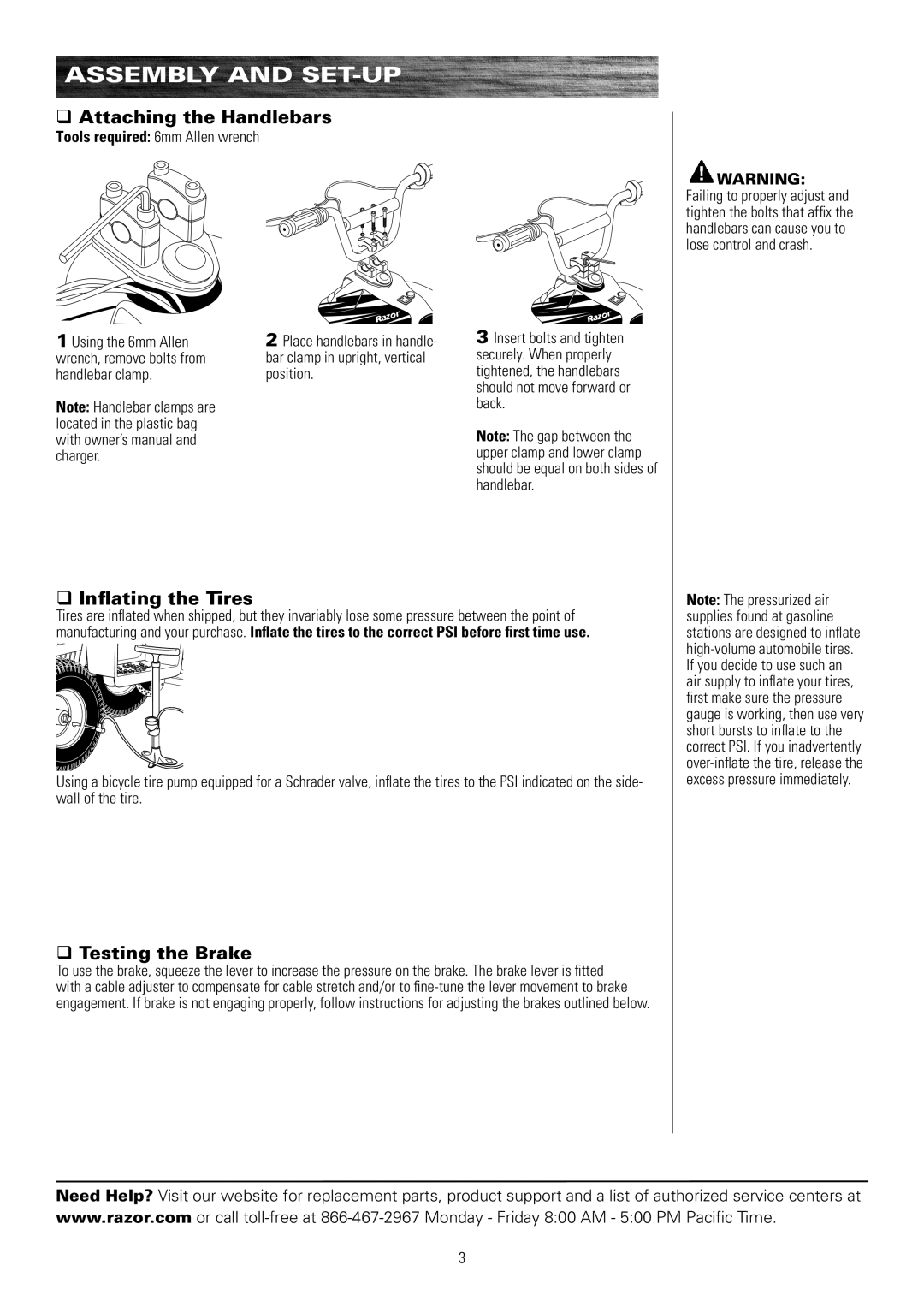 Razor 25143060 owner manual Assembly and Set-Up, Attaching the Handlebars, Inflating the Tires, Testing the Brake 