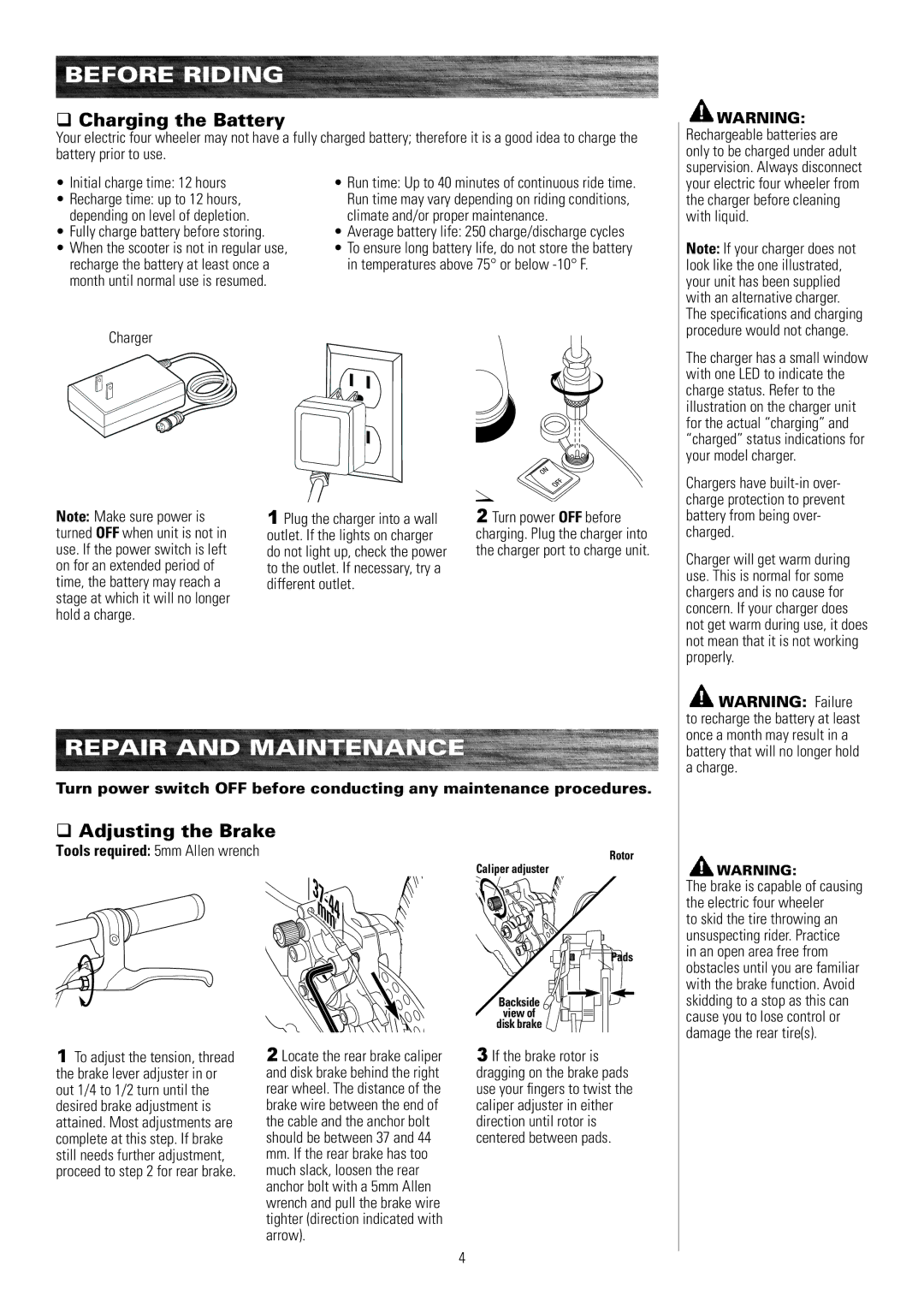 Razor 25143060 Repair and Maintenance, Charging the Battery, Adjusting the Brake, Tools required 5mm Allen wrench 