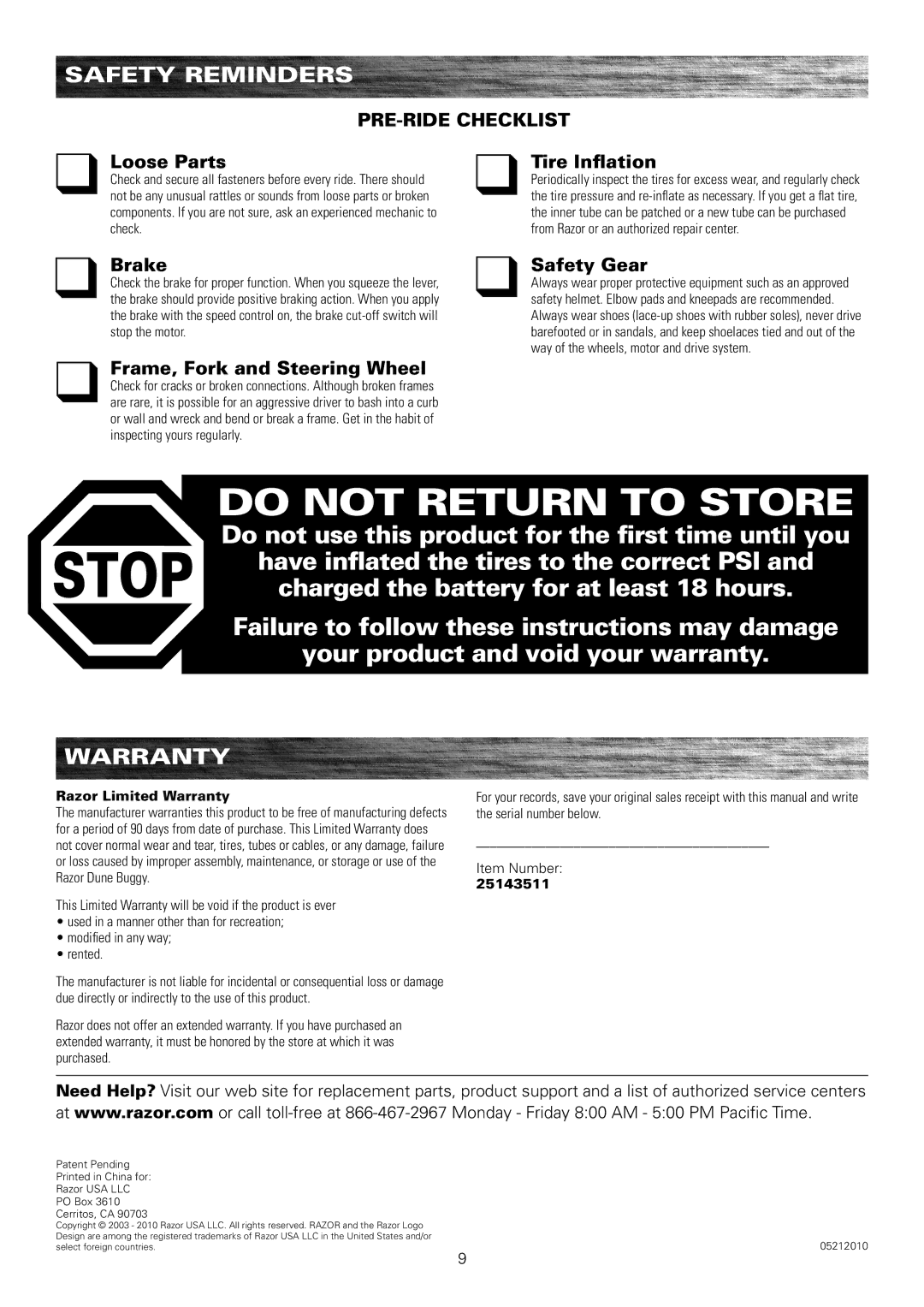 Razor 25143511 owner manual Safety reminders, Warranty, PRE-RIDE Checklist 