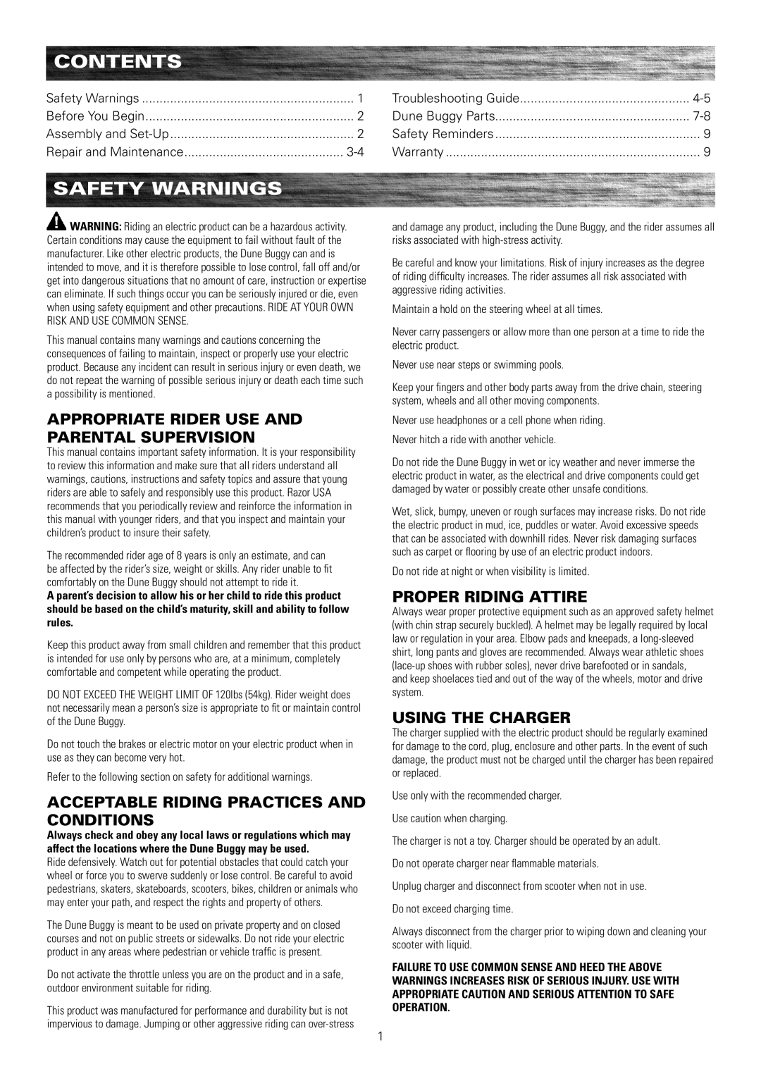 Razor 25143511 owner manual Contents, Safety Warnings 