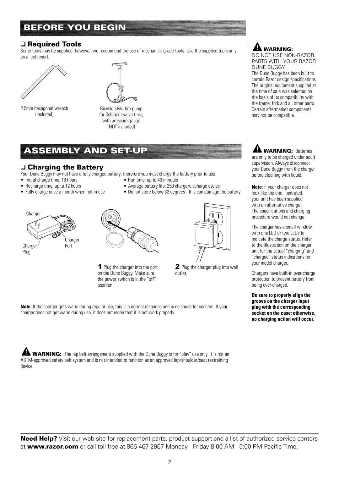 Razor 25143511 owner manual Before You Begin, Assembly and Set-Up, Required Tools, Charging the Battery 