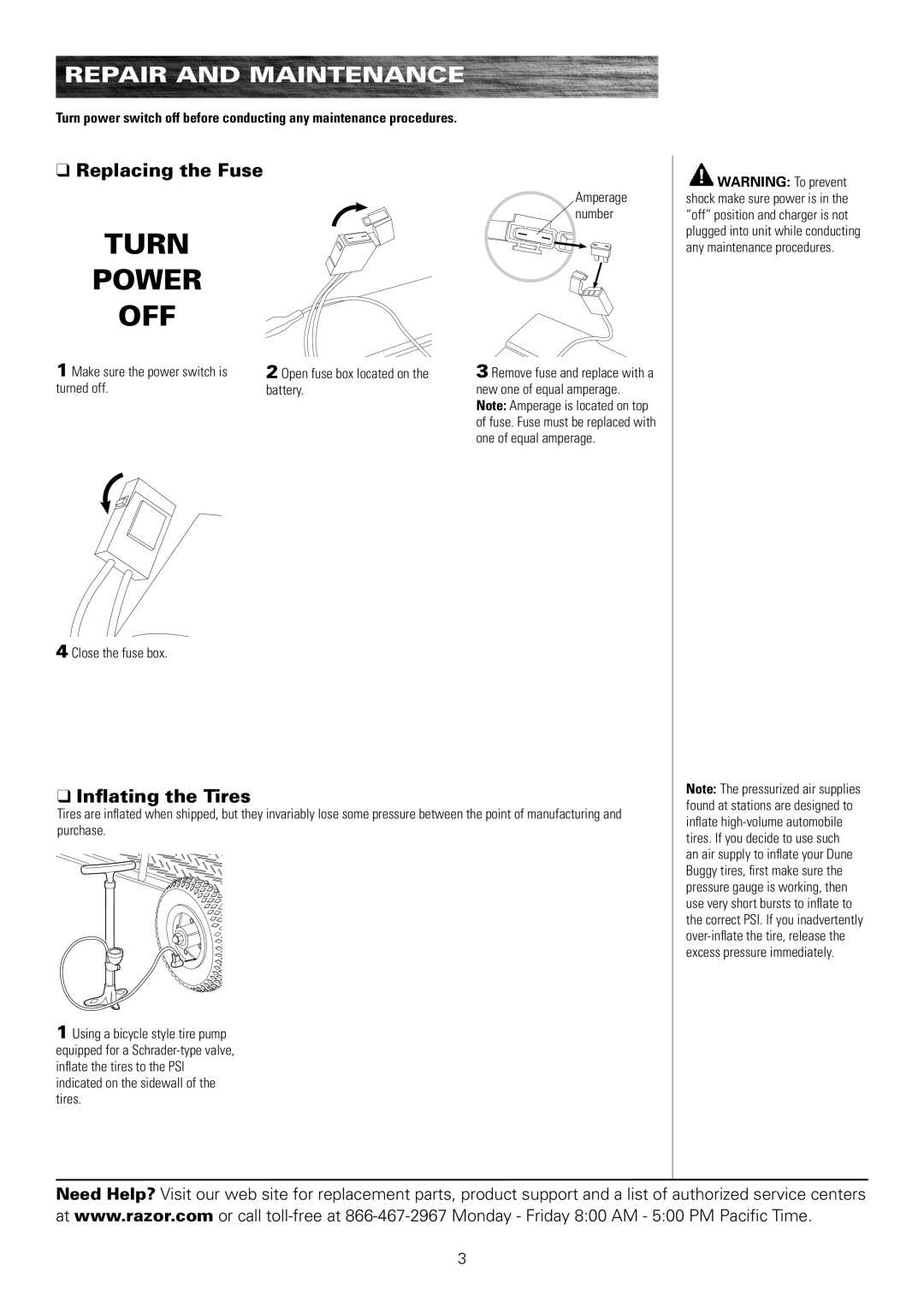 Razor 25143511 owner manual Repair and Maintenance, Replacing the Fuse, Inflating the Tires 