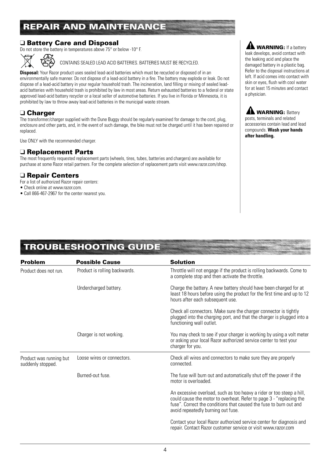 Razor 25143511 owner manual Troubleshooting Guide, Battery Care and Disposal, Charger, Replacement Parts Repair Centers 