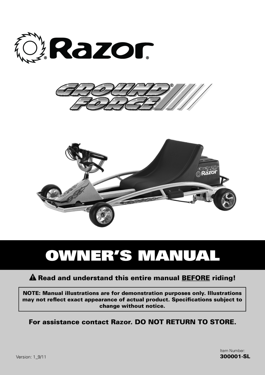 Razor 300001-SL owner manual Item Number 