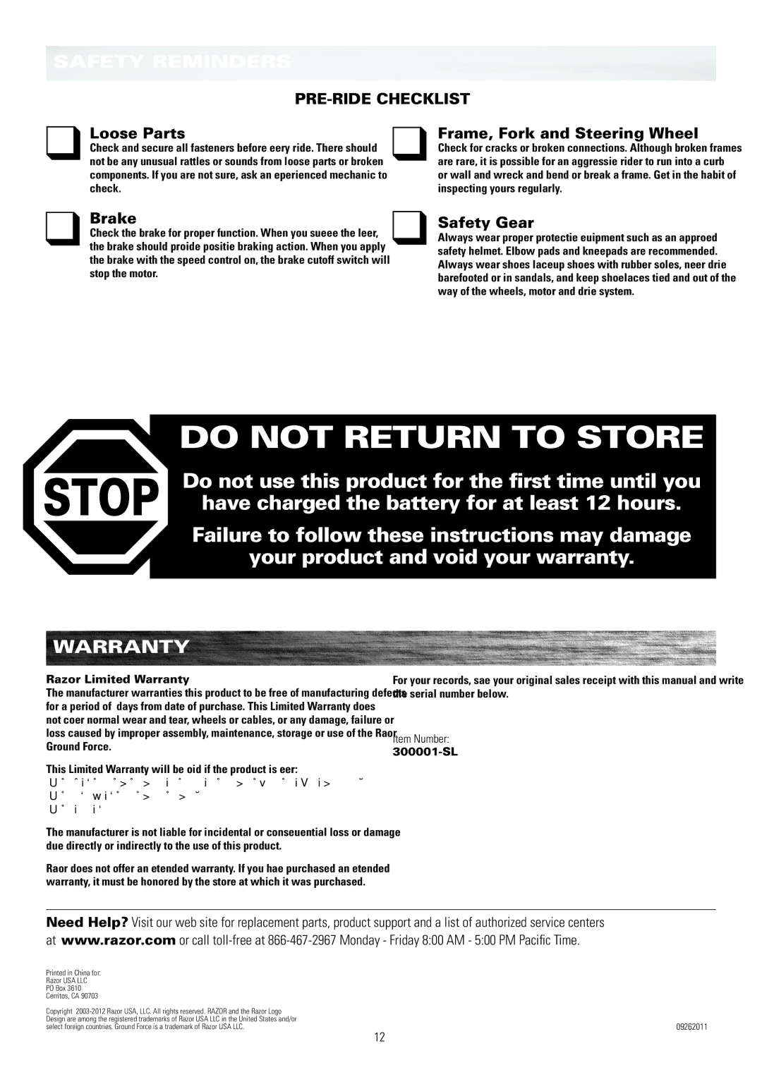 Razor 300001-SL owner manual Safety reminders, Warranty, PRE-RIDE Checklist, Loose Parts Frame, Fork and Steering Wheel 