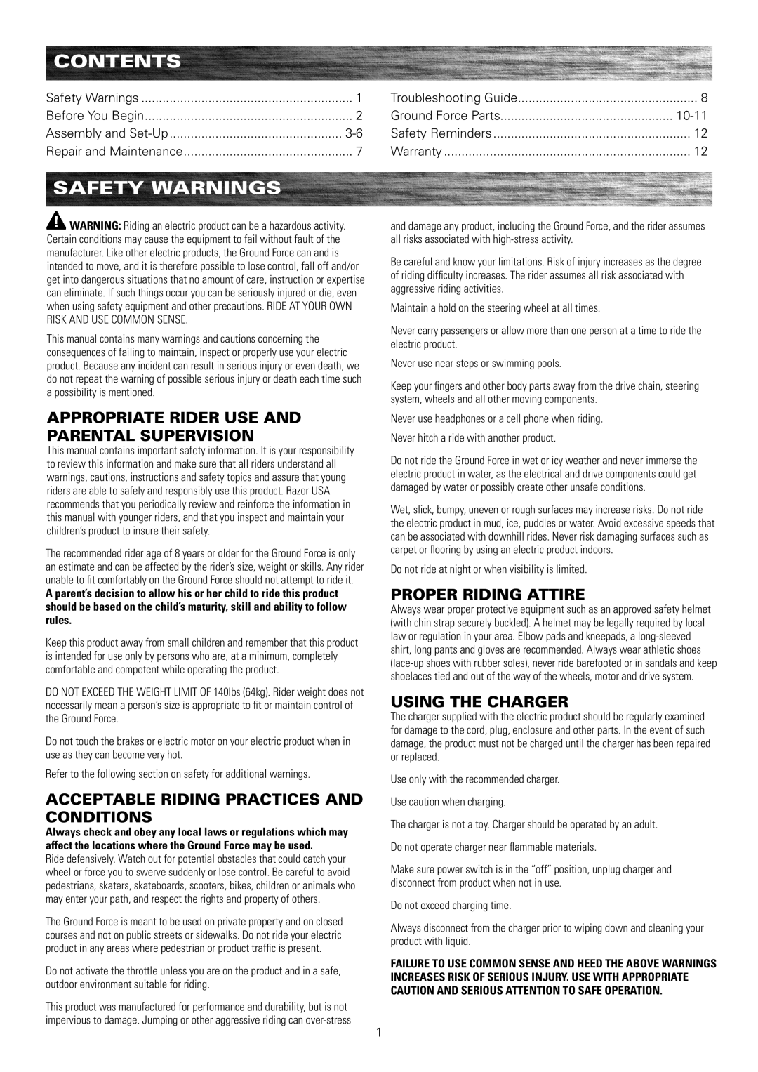 Razor 300001-SL owner manual Contents, Safety Warnings 