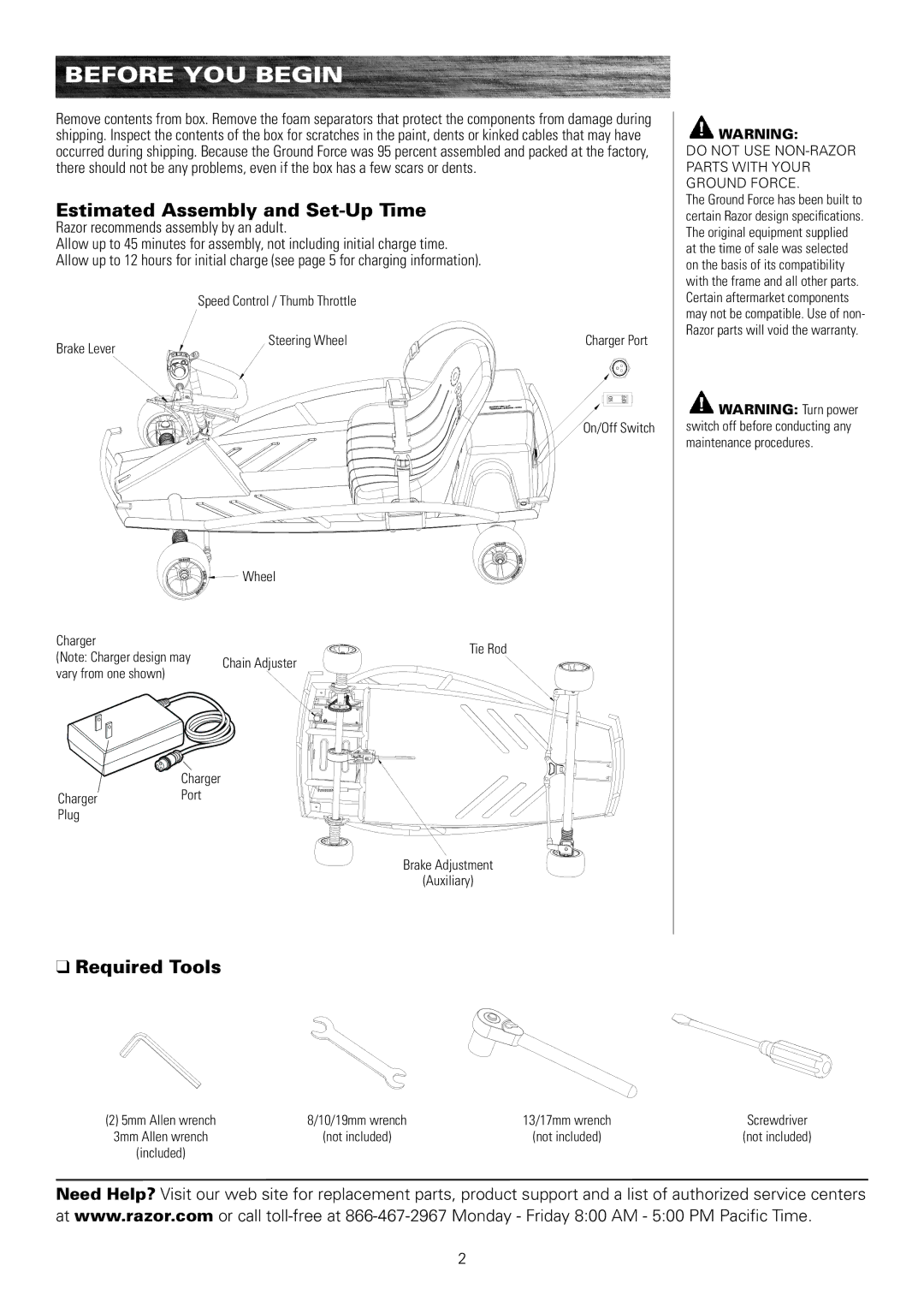 Razor 300001-SL owner manual Before You Begin, Estimated Assembly and Set-Up Time, Required Tools 