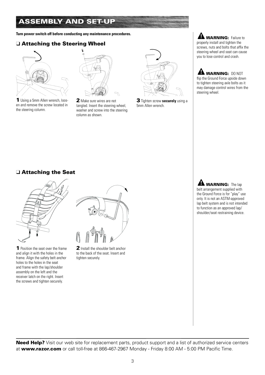 Razor 300001-SL owner manual Assembly and Set-Up, Attaching the Steering Wheel, Attaching the Seat 