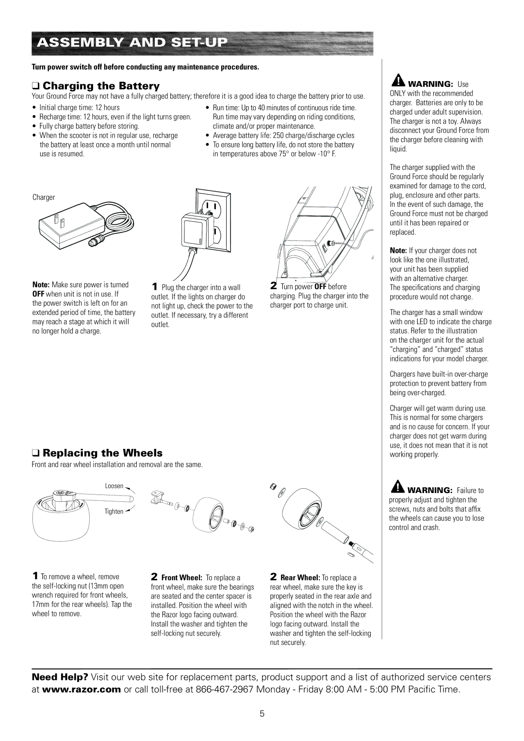 Razor 300001-SL owner manual Charging the Battery, Replacing the Wheels 