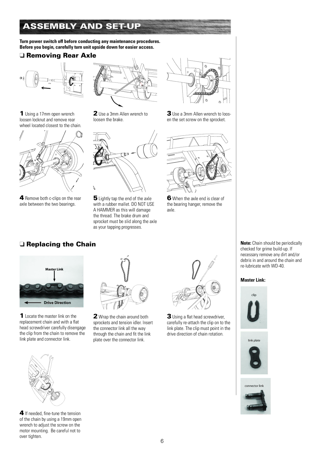 Razor 300001-SL owner manual Removing Rear Axle, Replacing the Chain 