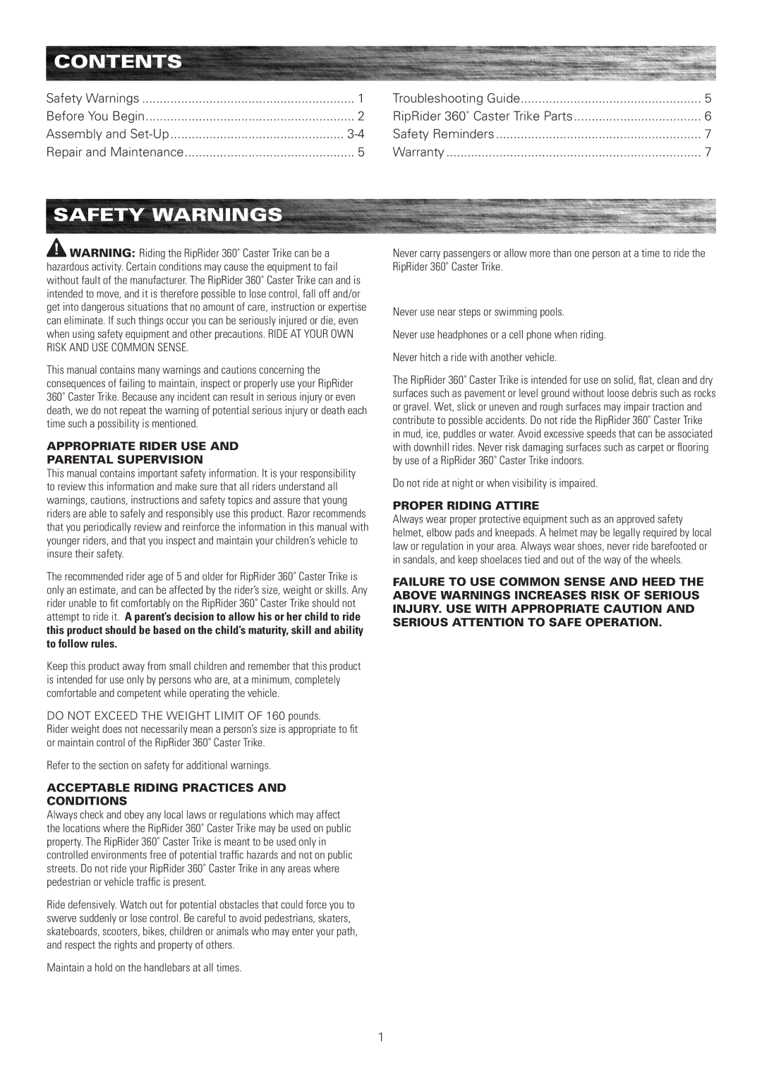 Razor 360 owner manual Contents, Safety Warnings 