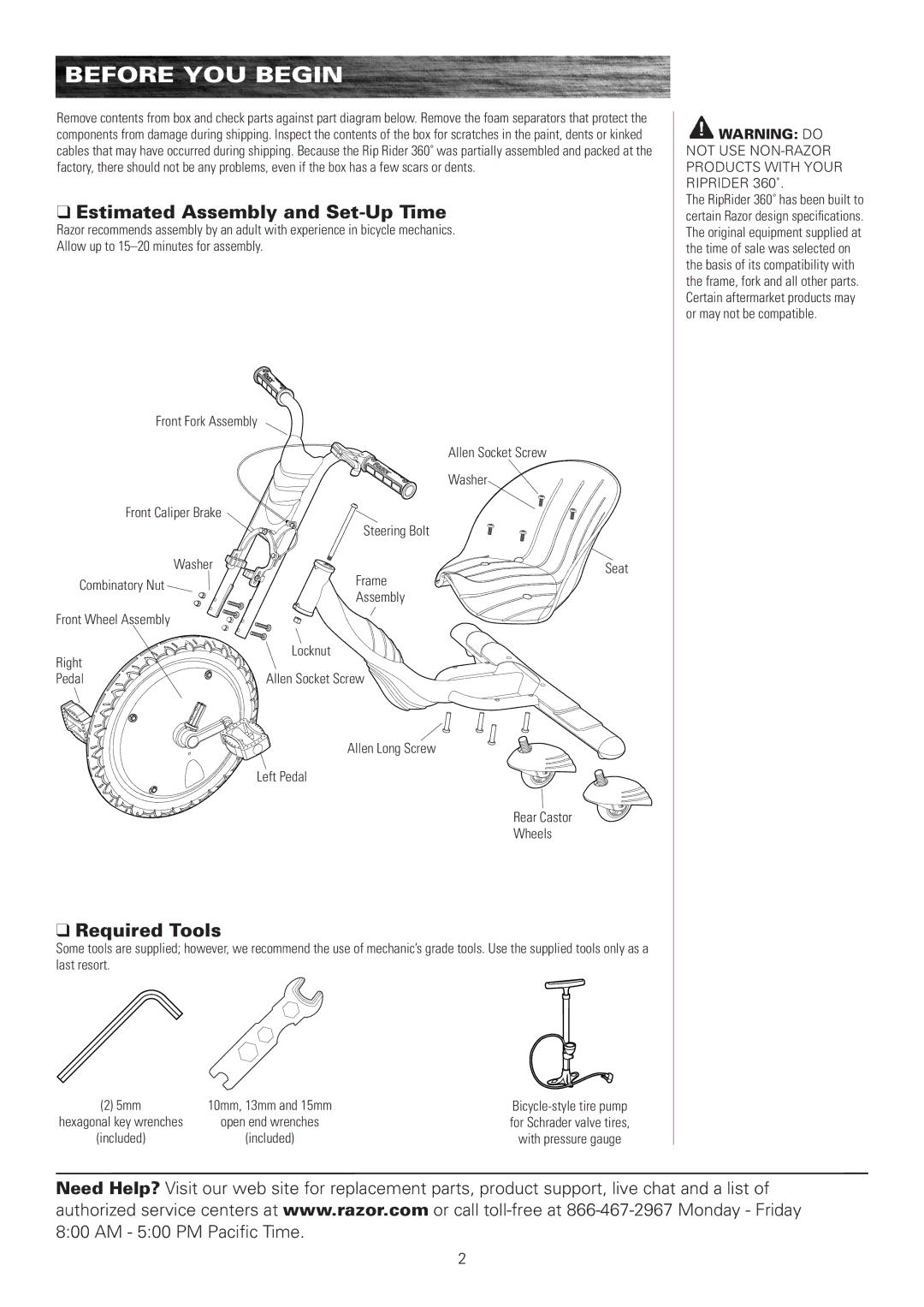 Razor 360 owner manual Before YOU Begin, Estimated Assembly and Set-Up Time, Required Tools 