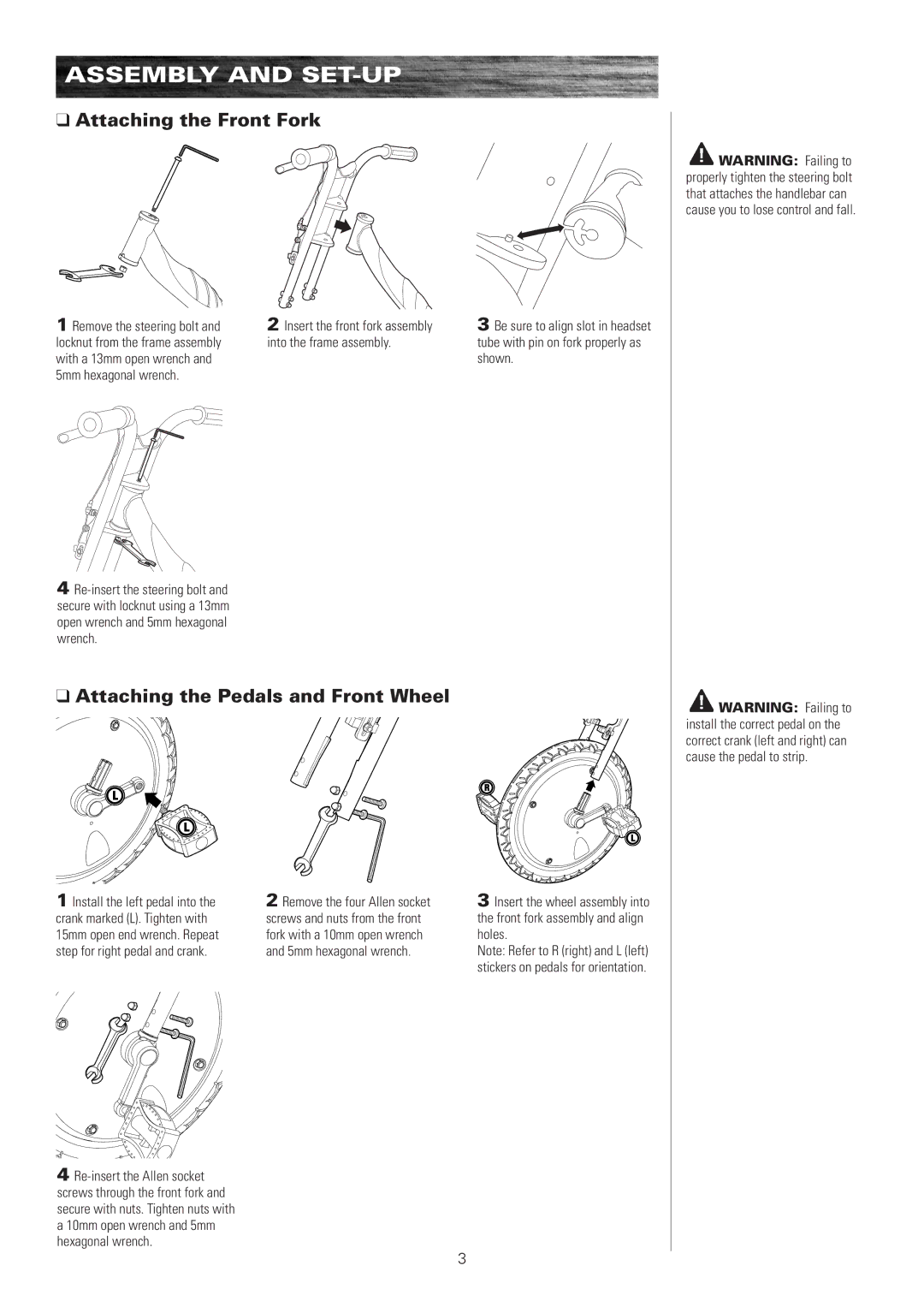 Razor 360 owner manual Assembly and SET-UP, Attaching the Front Fork, Attaching the Pedals and Front Wheel 