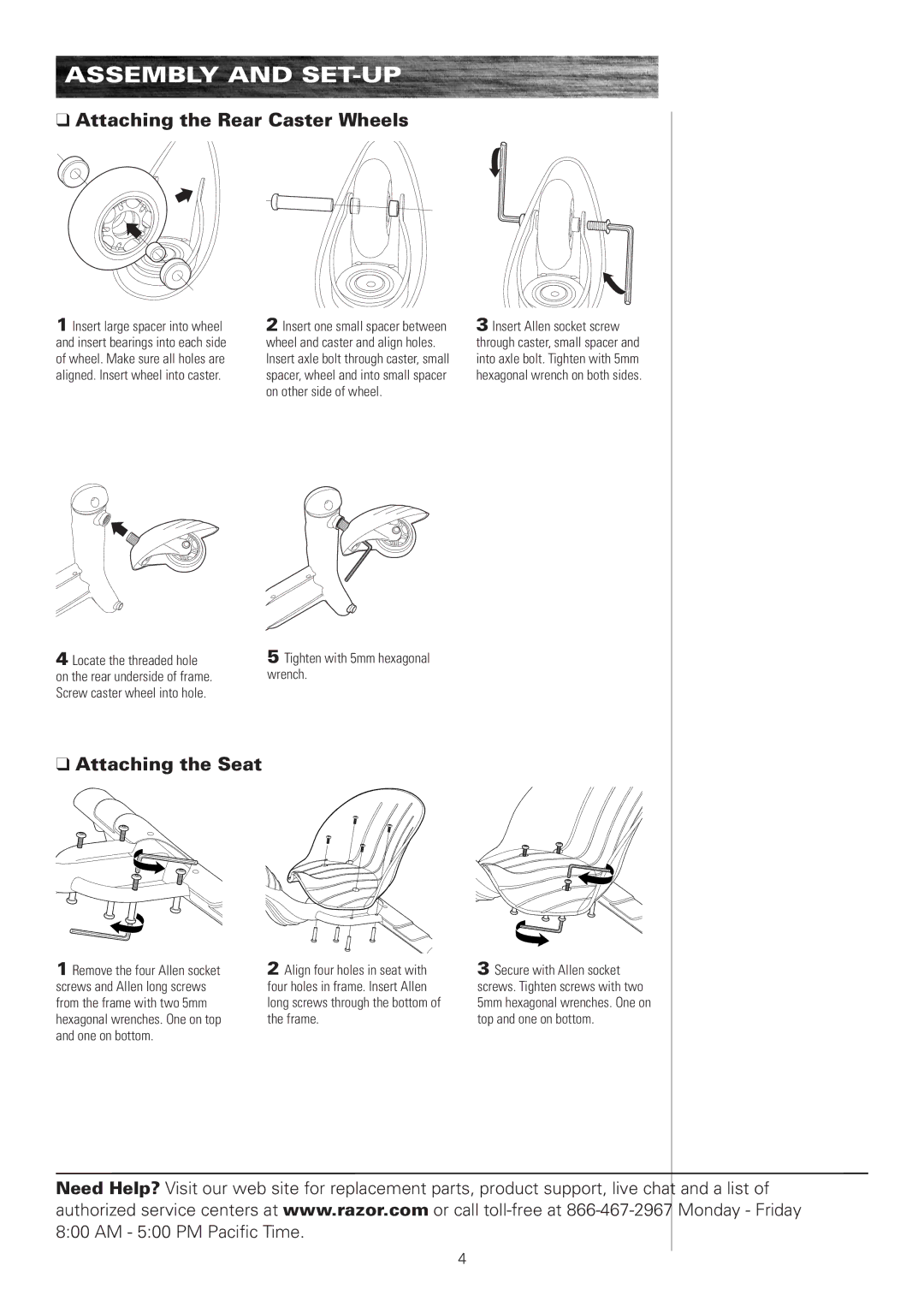 Razor 360 owner manual Attaching the Rear Caster Wheels, Attaching the Seat 