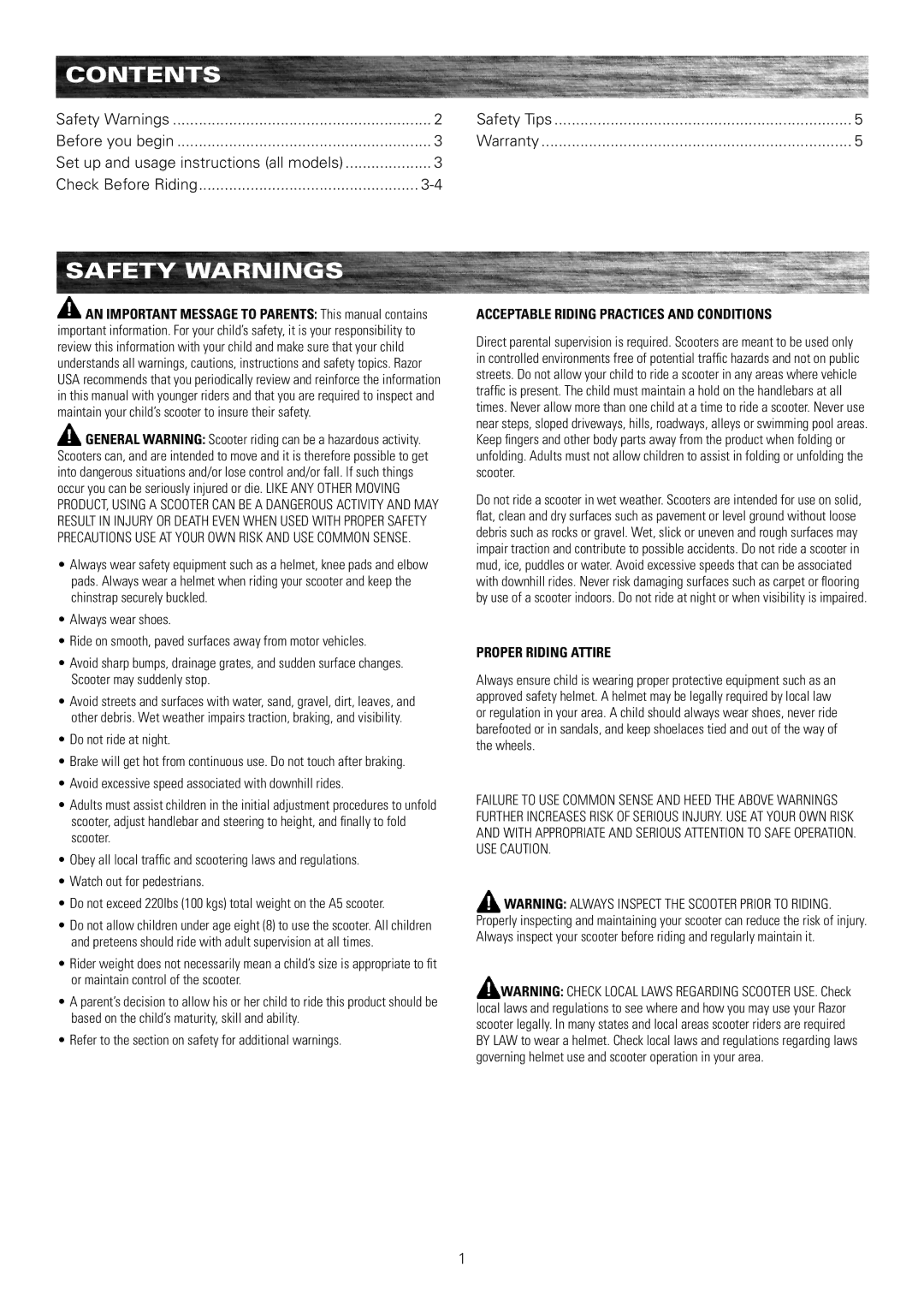 Razor A 5 owner manual Contents, Safety Warnings 