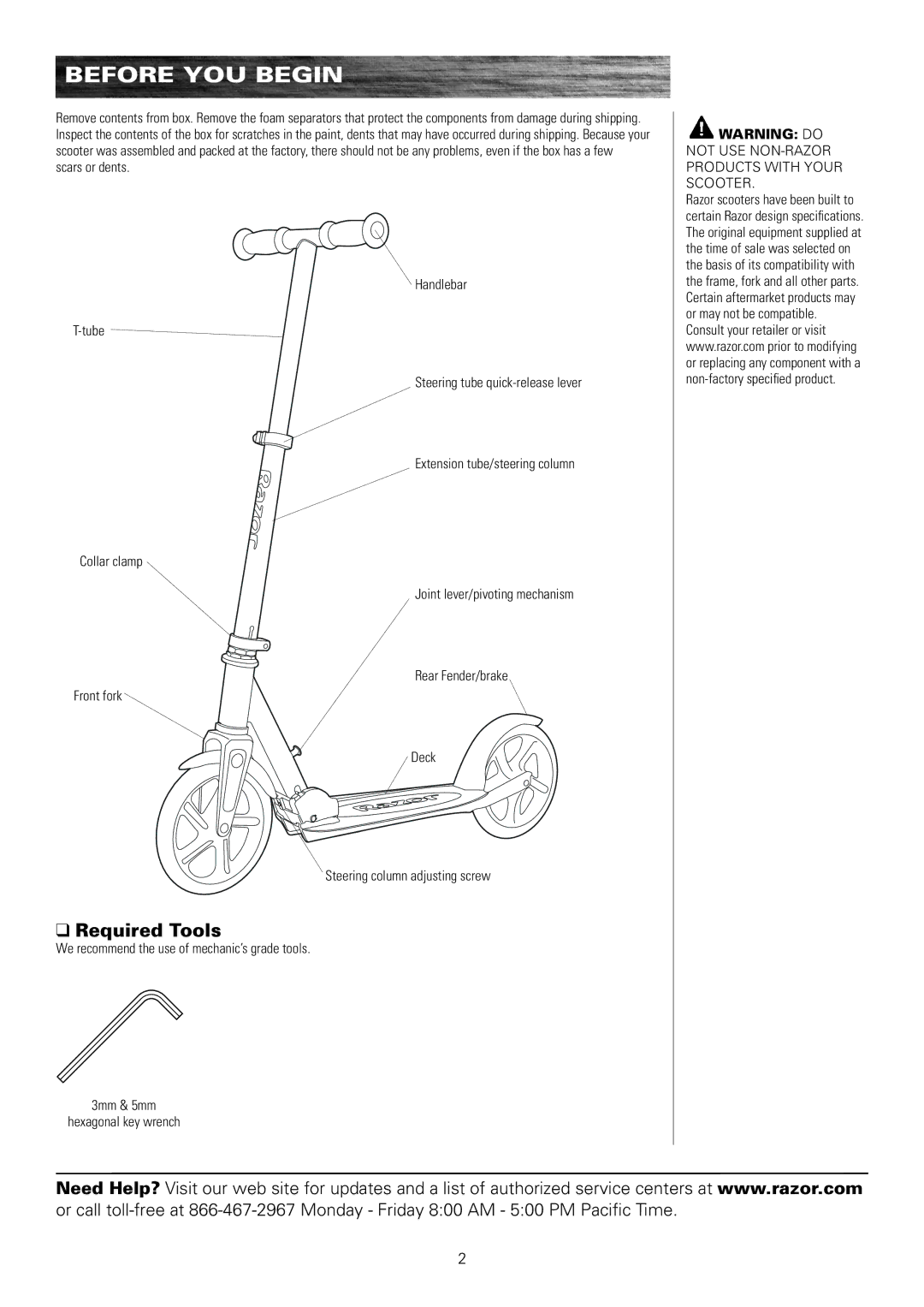 Razor A 5 owner manual Before You Begin, Required Tools 