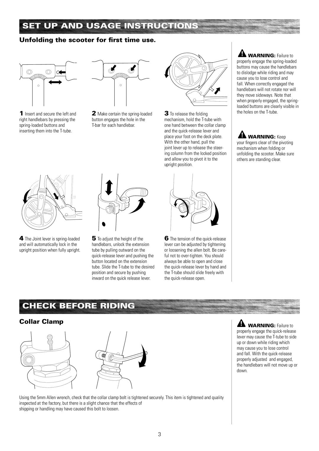 Razor A 5 Set up and usage instructions, Check before riding, Unfolding the scooter for first time use, Collar Clamp 