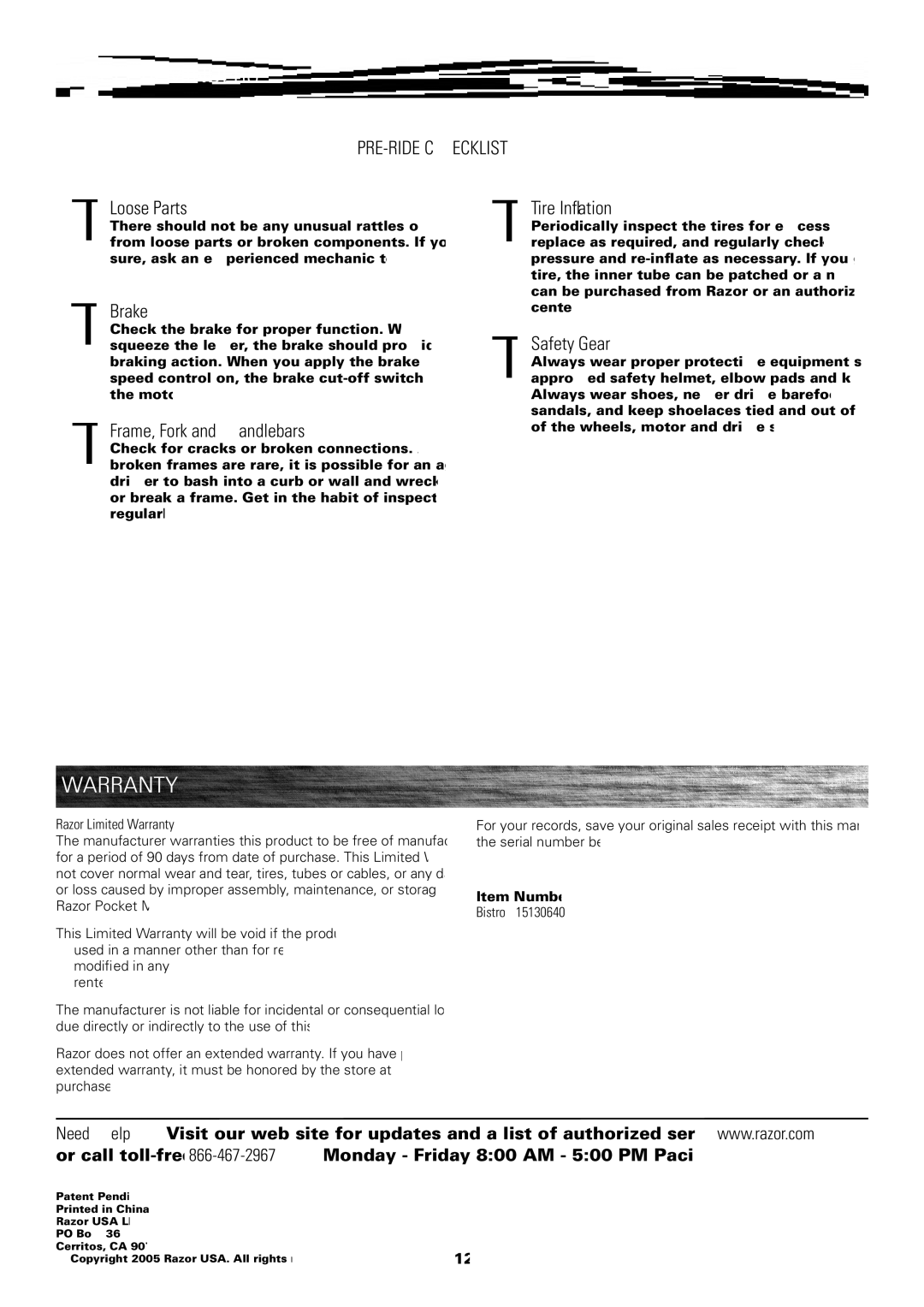 Razor Bistro 15130640 owner manual Safety Reminders, Warranty 