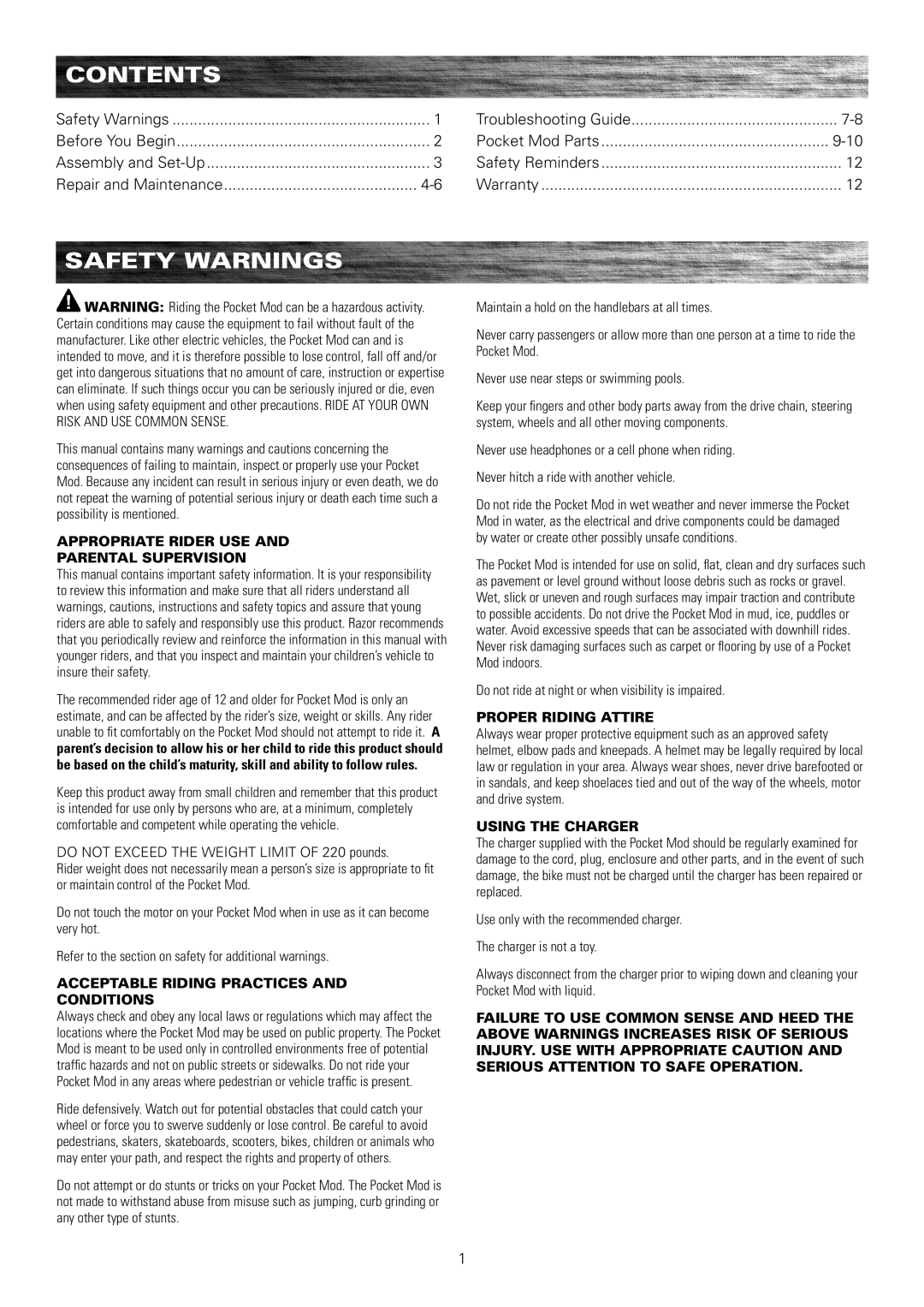 Razor Bistro 15130640 owner manual Contents, Safety Warnings 