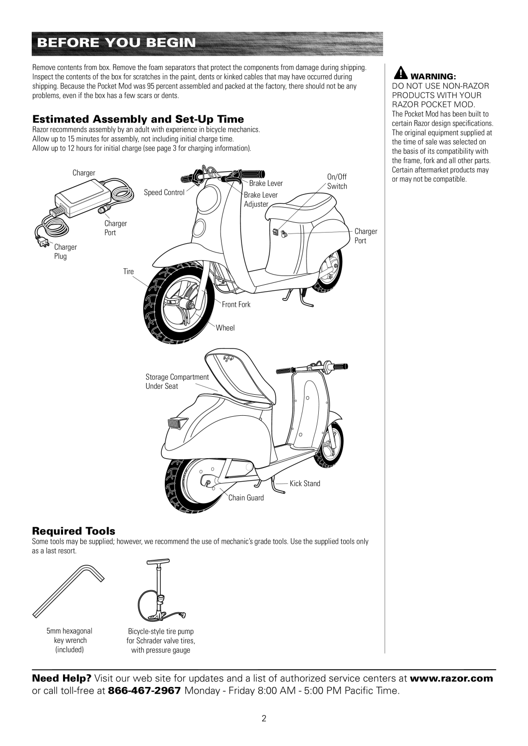 Razor Bistro 15130640 owner manual Before YOU Begin, Estimated Assembly and Set-Up Time, Required Tools 