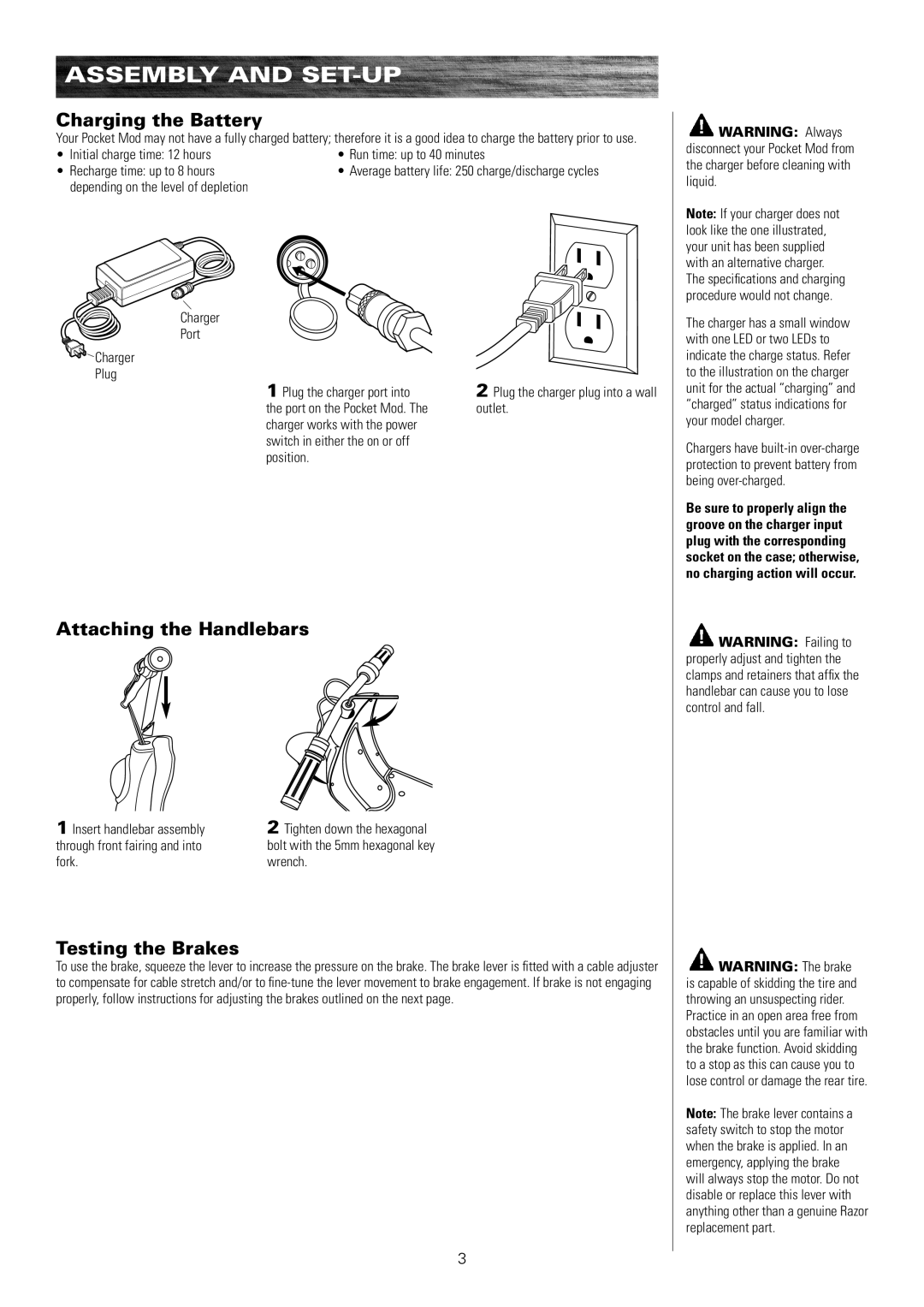 Razor Bistro 15130640 owner manual Assembly and SET-UP, Charging the Battery, Attaching the Handlebars, Testing the Brakes 