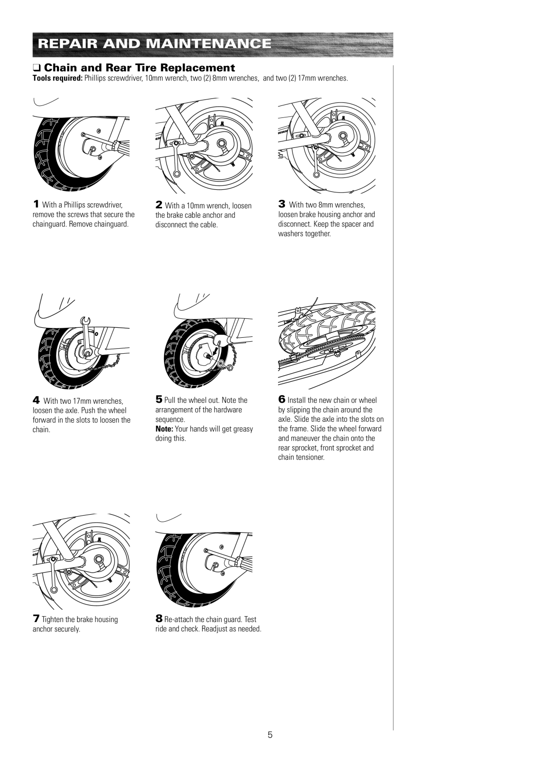 Razor Bistro 15130640 owner manual Chain and Rear Tire Replacement, With two 8mm wrenches 