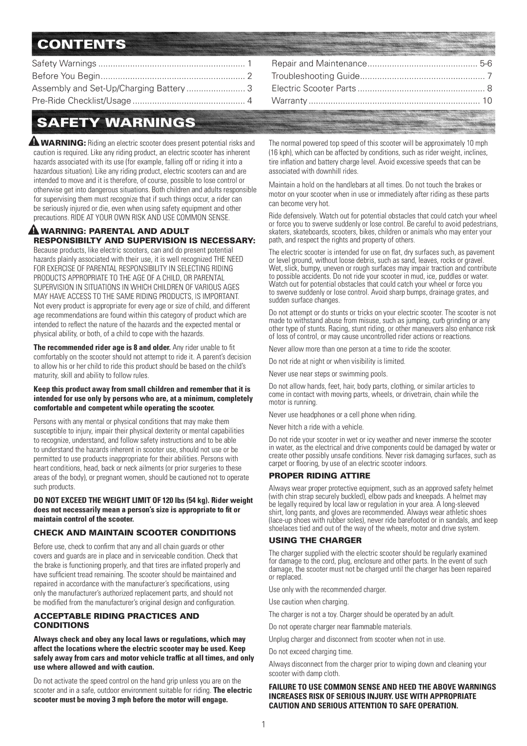 Razor E150, E100, E125, E175 owner manual Contents, Safety Warnings 