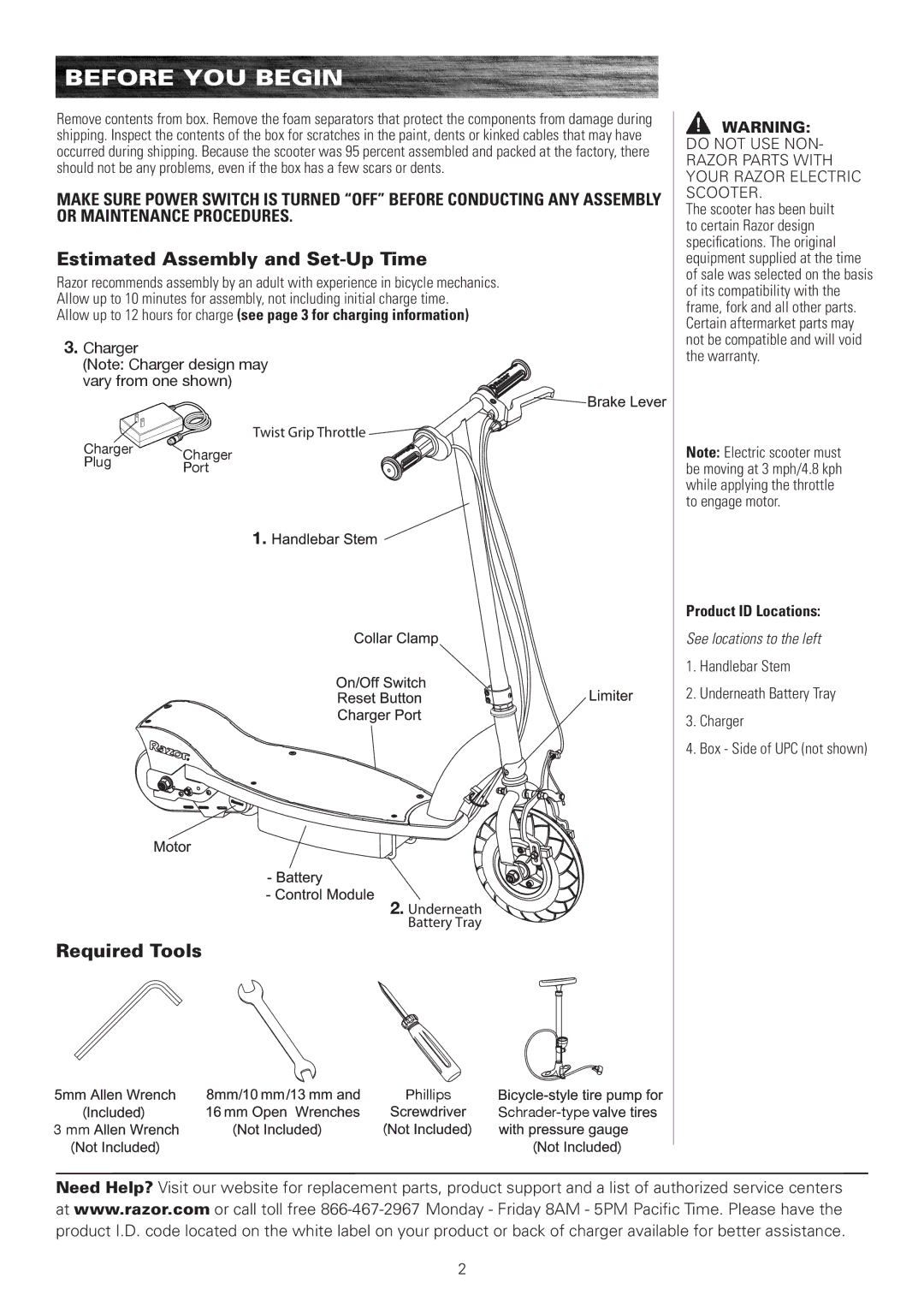 Razor E175, E100, E125, E150 owner manual Before YOU Begin, Estimated Assembly and Set-Up Time, Required Tools, Charger 