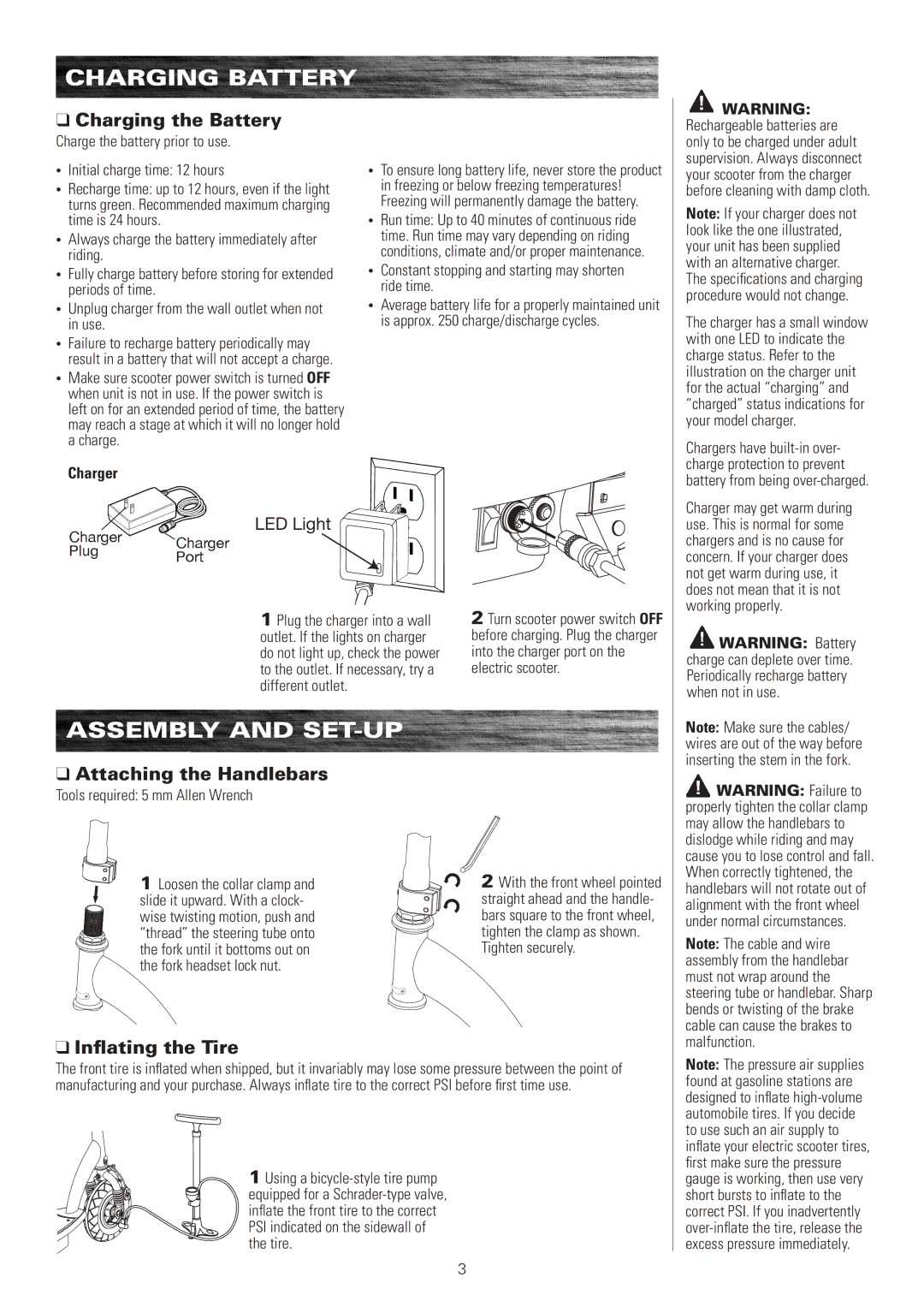 Razor E100, E125 Charging Battery, Assembly and SET-UP, Charging the Battery, Attaching the Handlebars, Inflating the Tire 