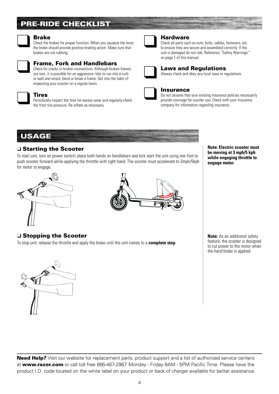 Razor E125, E100, E150, E175 owner manual PRE-RIDE Checklist, Usage 