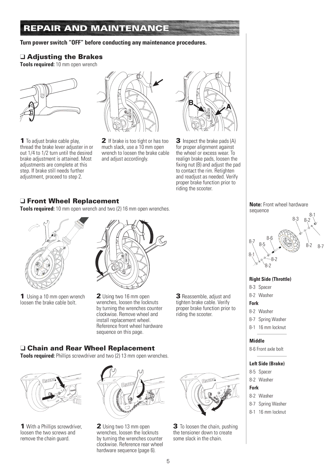 Razor E150, E100 Repair and Maintenance, Adjusting the Brakes, Front Wheel Replacement, Chain and Rear Wheel Replacement 