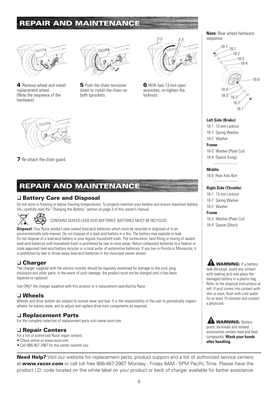 Razor E175, E100 Battery Care and Disposal, Charger, Wheels, Replacement Parts Repair Centers, Re-attach the chain guard 