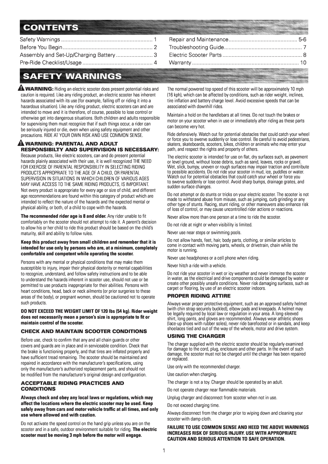 Razor E150 Contents, Safety Warnings, Check And Maintain Scooter Conditions, Acceptable Riding Practices And Conditions 